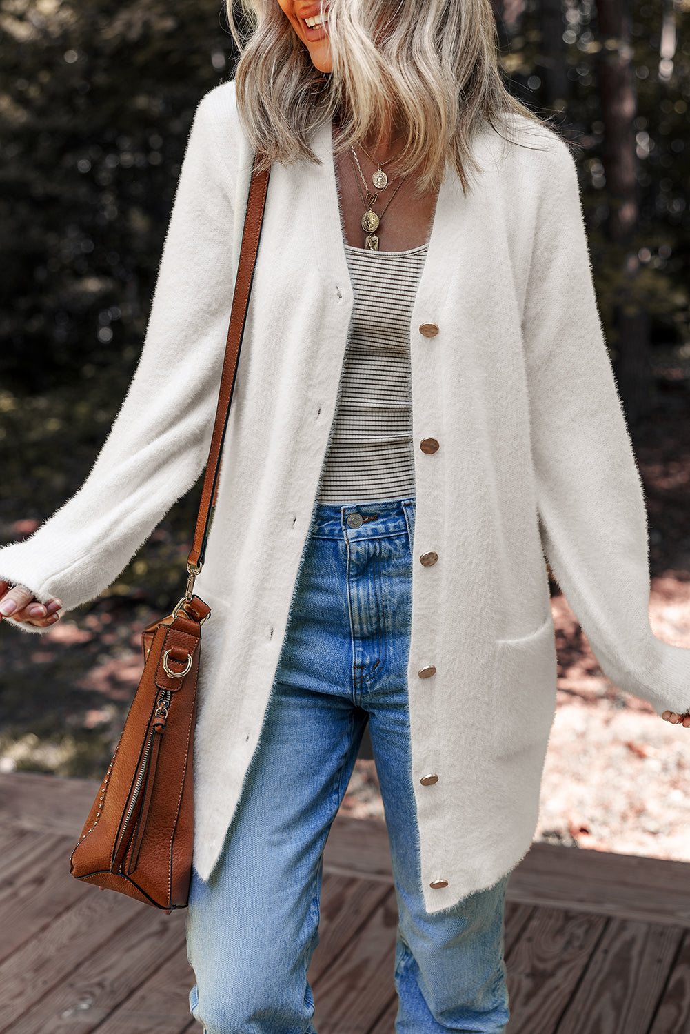 White Fuzzy Button-Front Midi Cardigan
