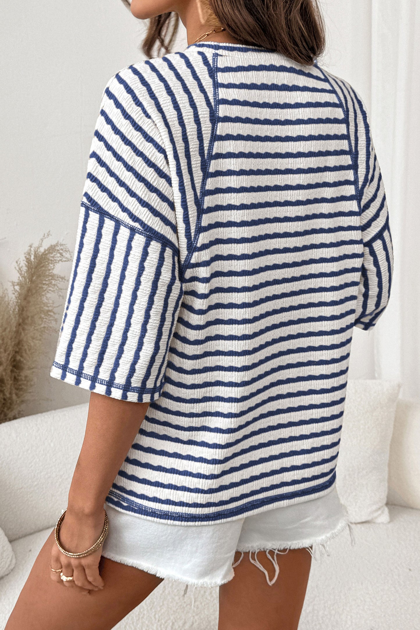 Brown Stripe Textured Knit Split Hem Top