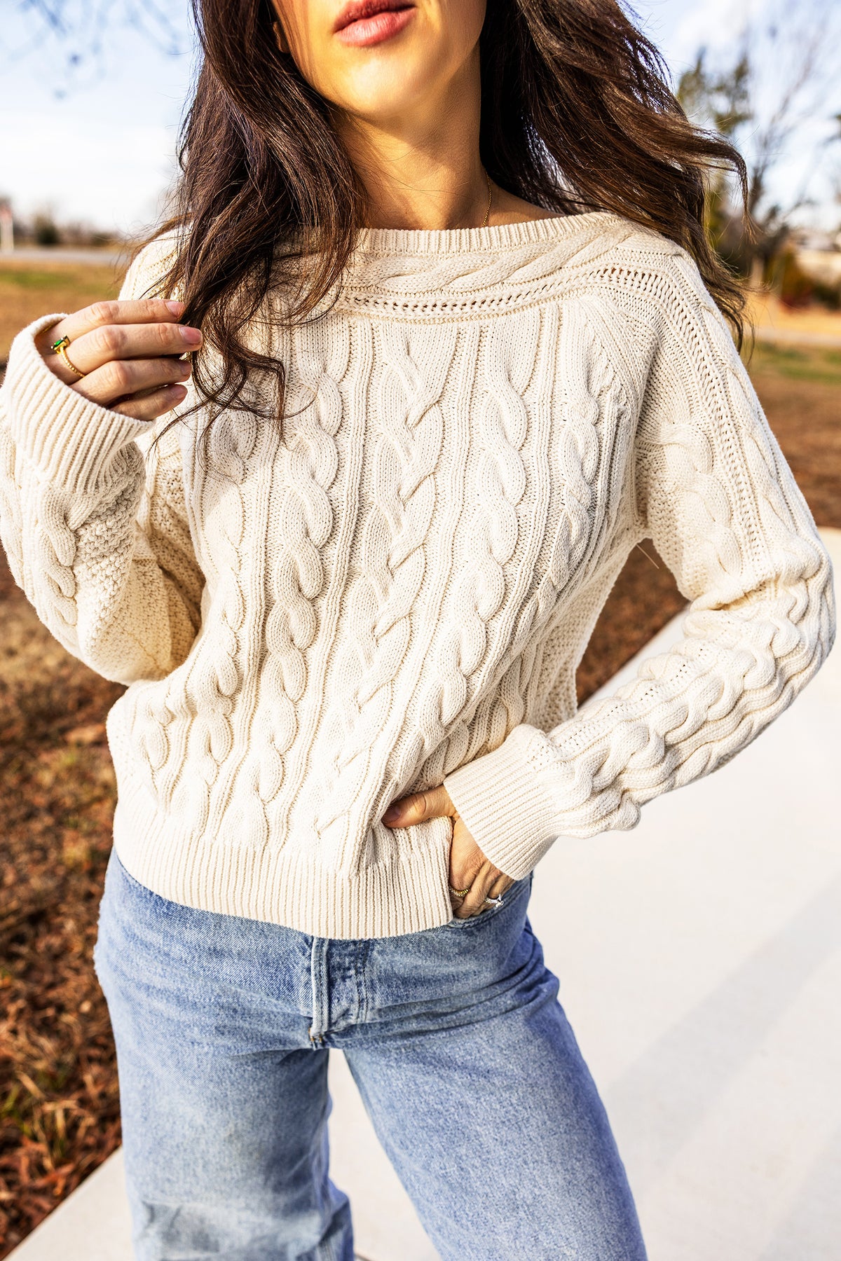 Beige Cable Knit Round-Neck Sweater