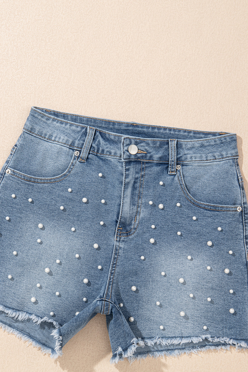 Pearl Embellished Raw Hem Denim Shorts