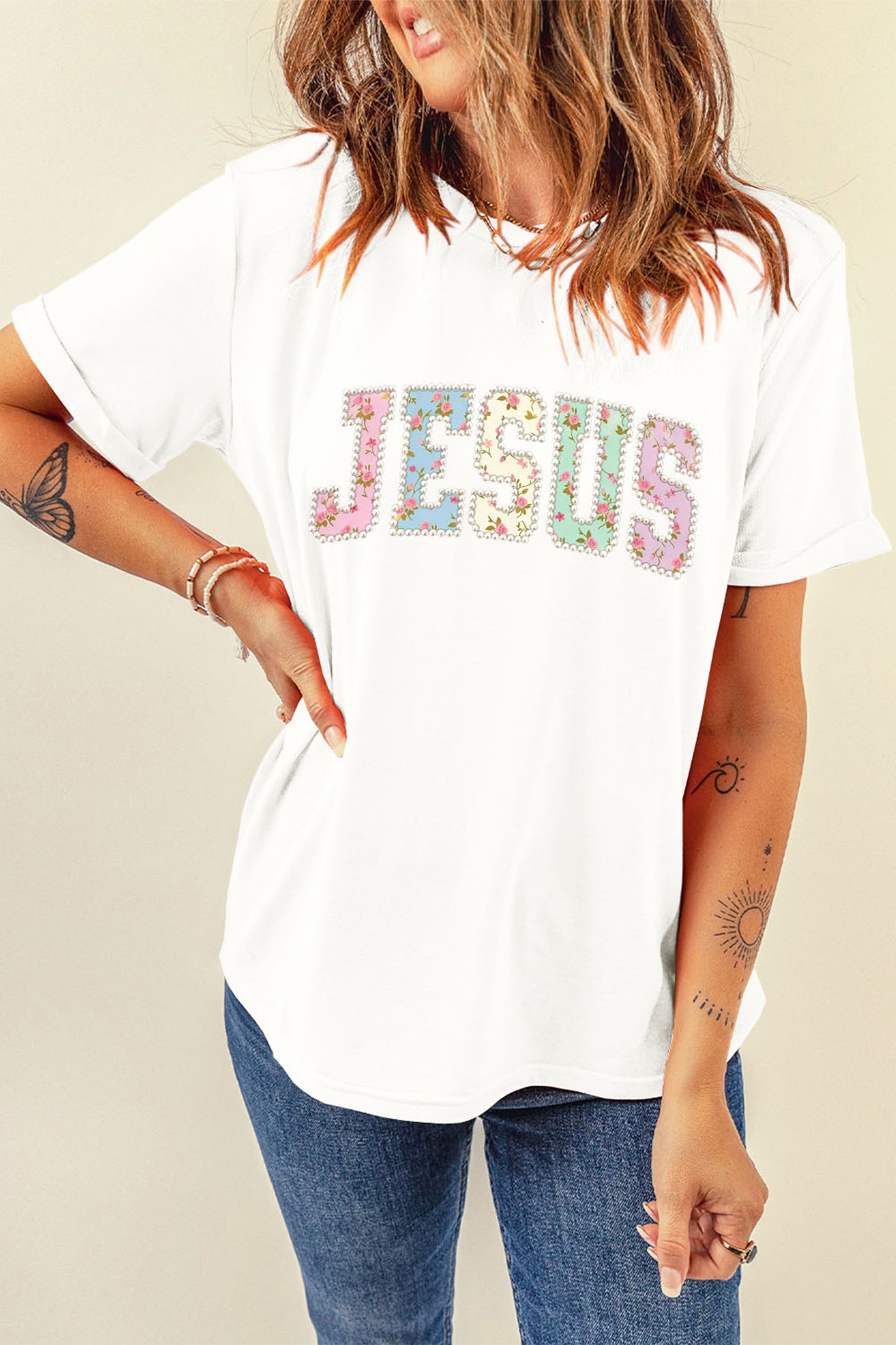 JESUS Floral Printed Letter Graphic Tee