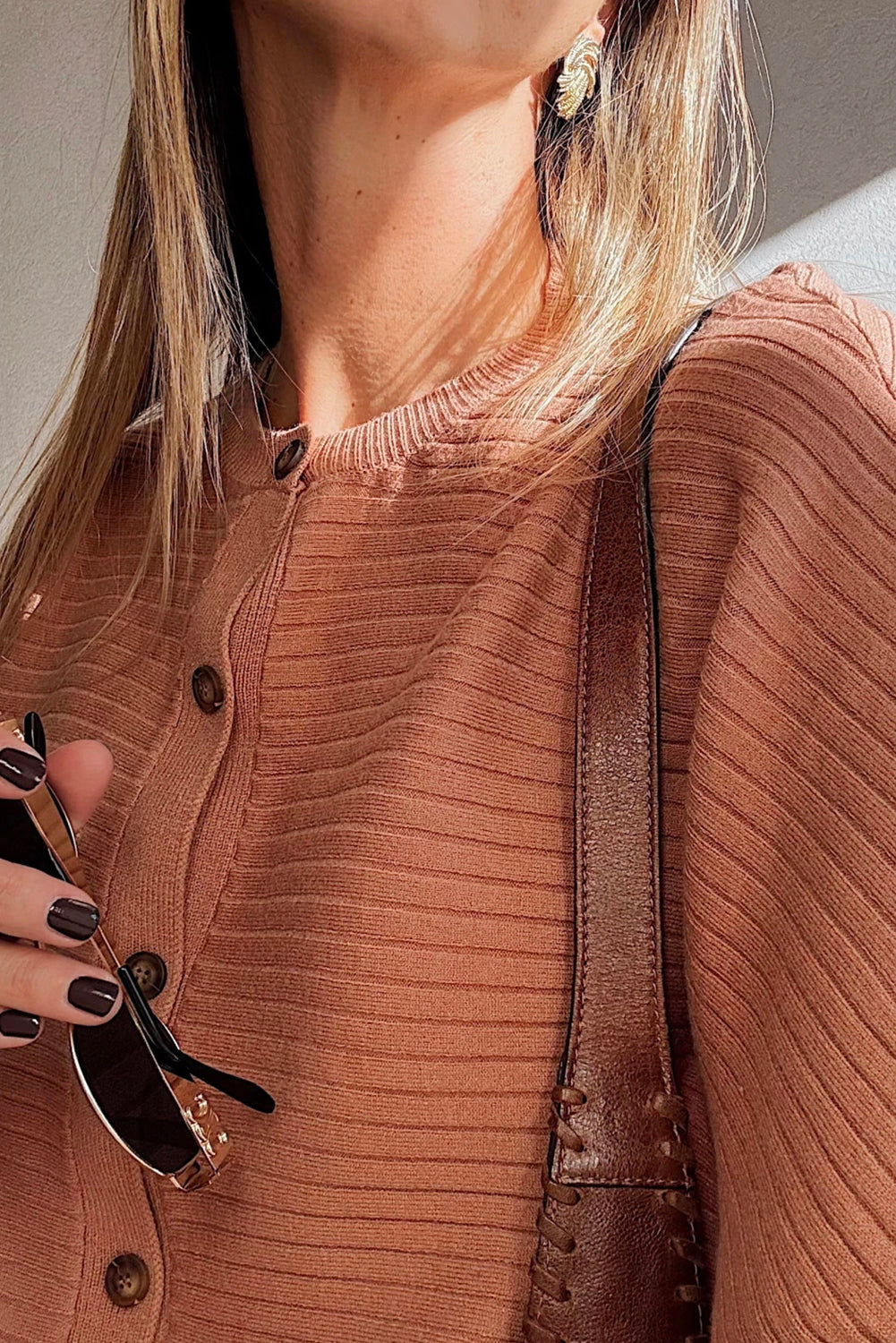 Apricot Pink Rib Knit Dolman Sleeve Cardigan