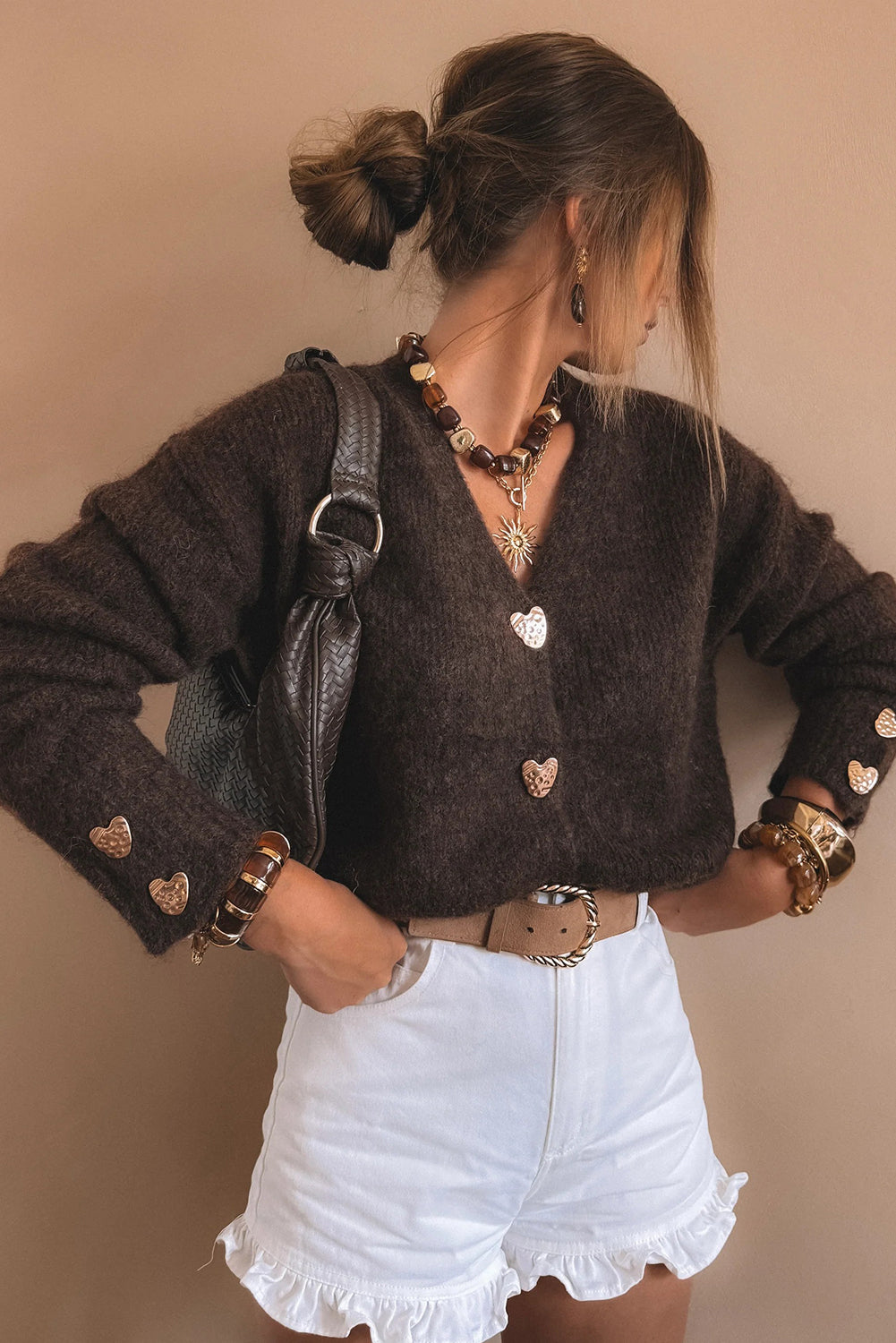 Chicory Coffee Heart Button V-Neck Knit Cardigan
