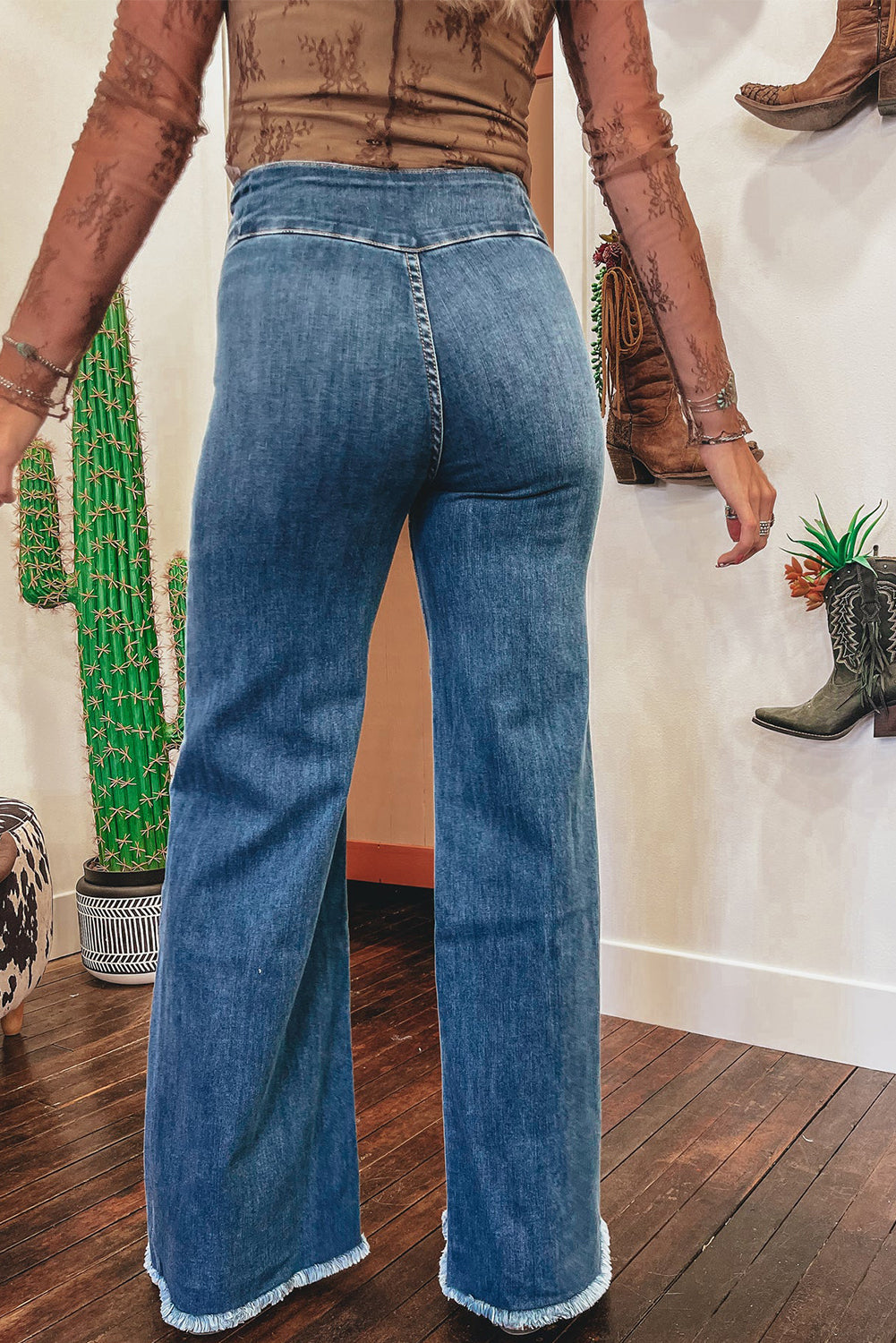 High Waist Button Fly Raw Hem  Jeans