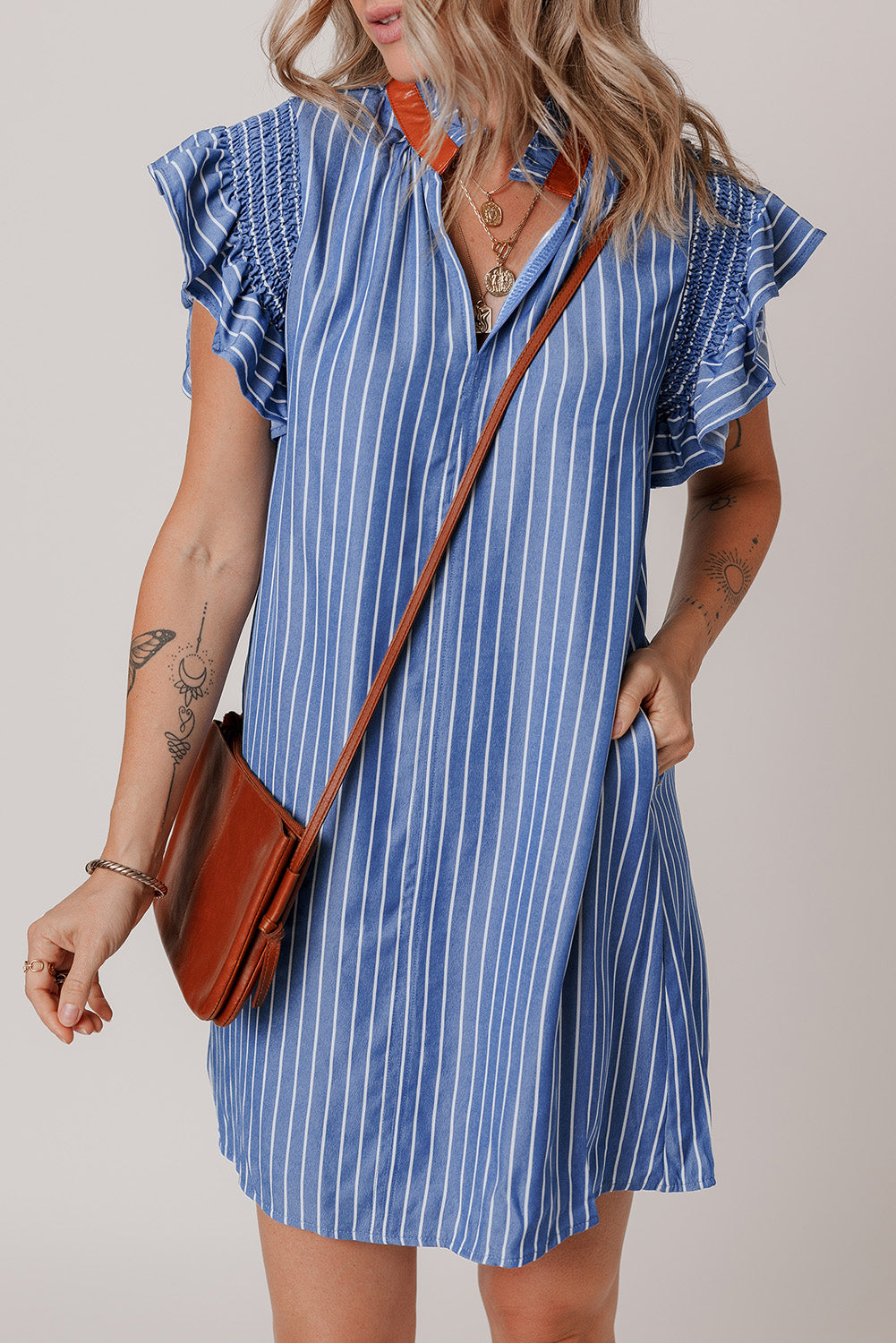 Sky Blue Stripe Ruffle Sleeve Dress
