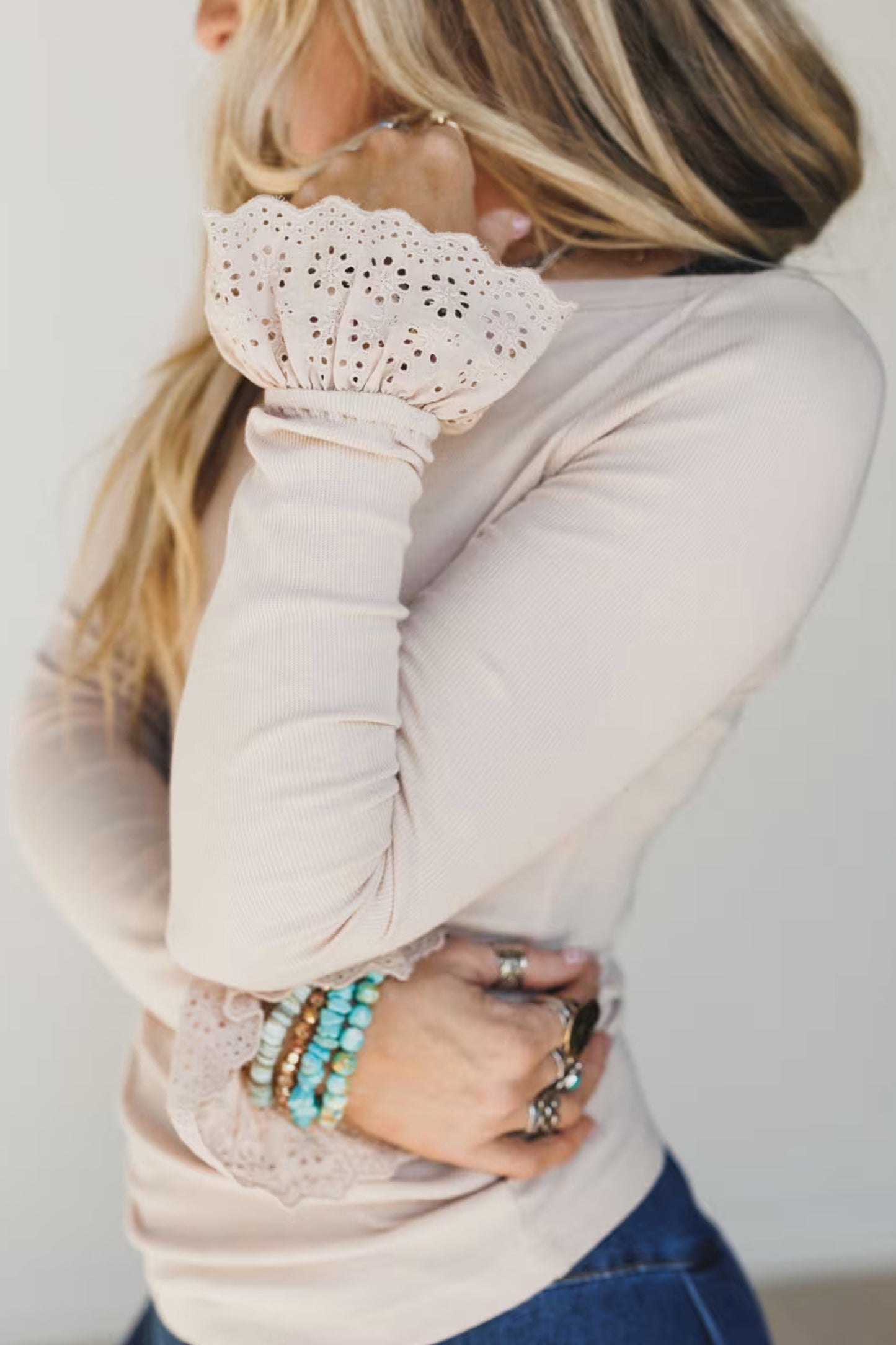 Cream Lace Cuff Long Sleeve Top