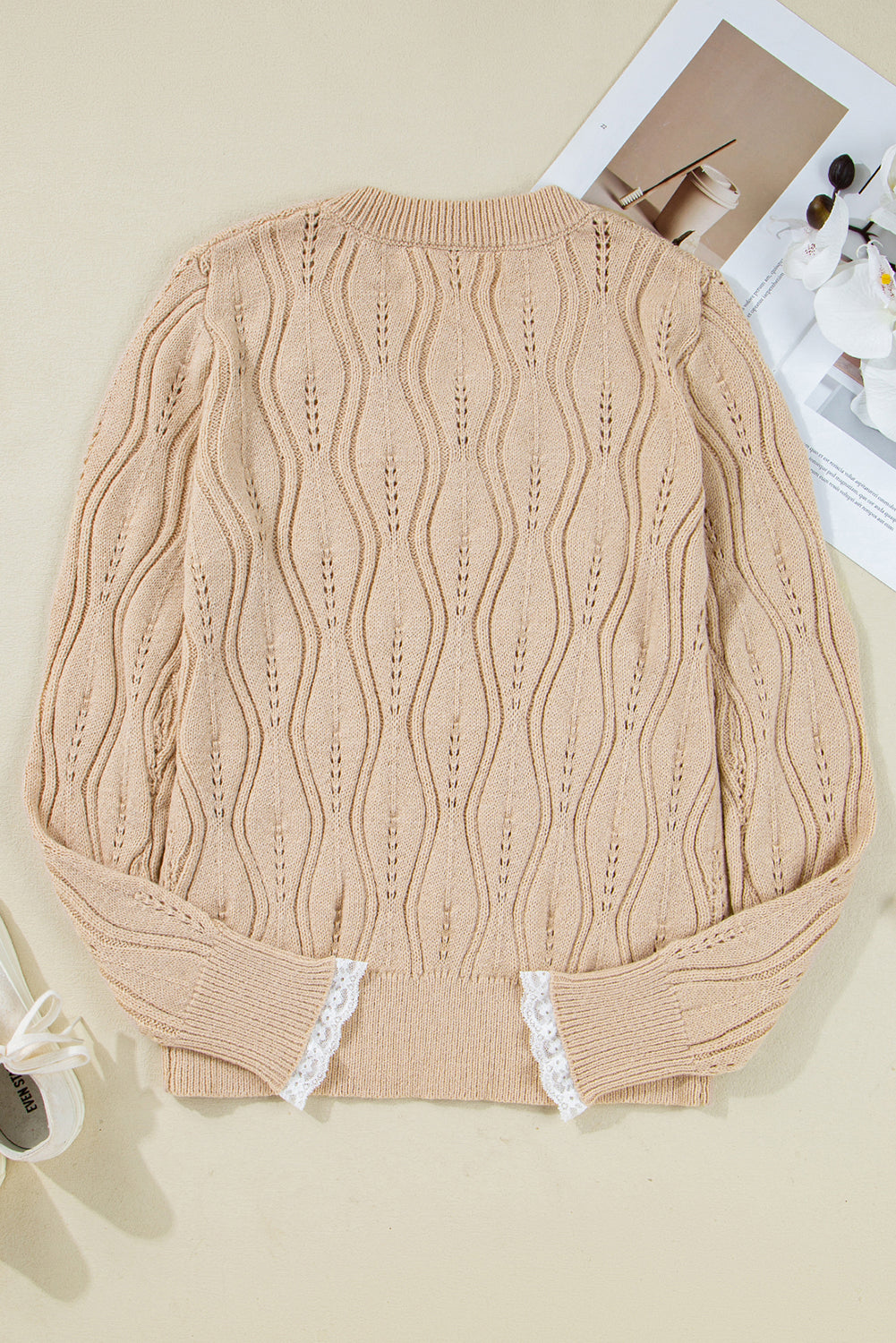 Smoke Gray Pearl Lace Pointelle Sweater