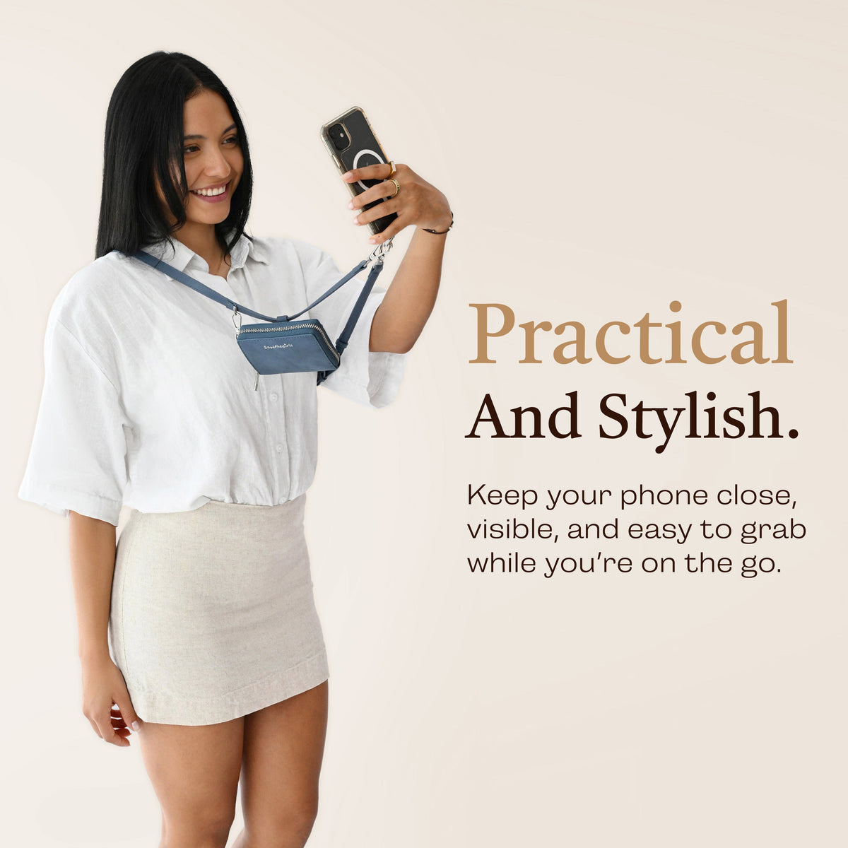 Clip & Go Phone Strap with Pouch – Brushed Vegan Leather
