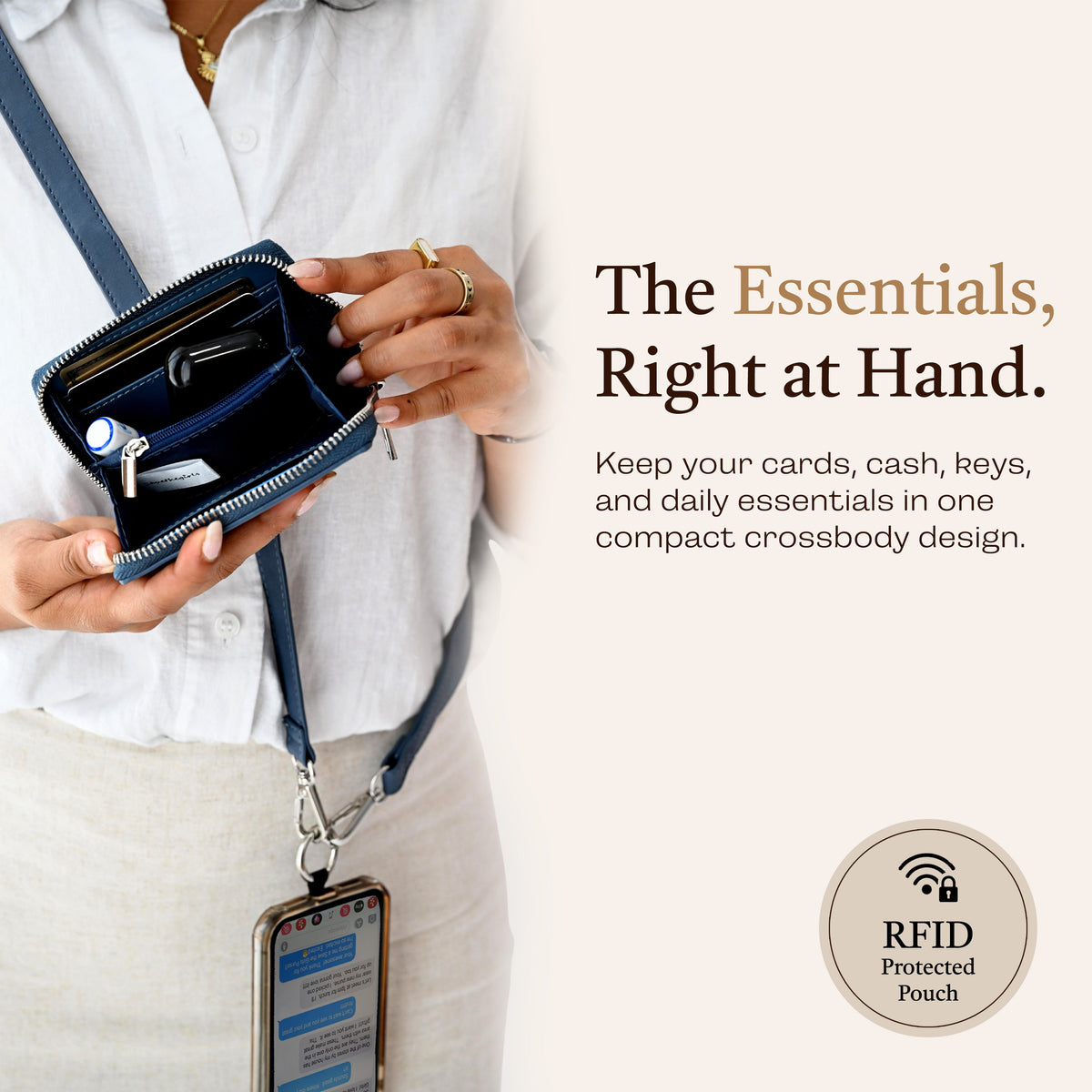 Clip & Go Phone Strap with Pouch – Brushed Vegan Leather