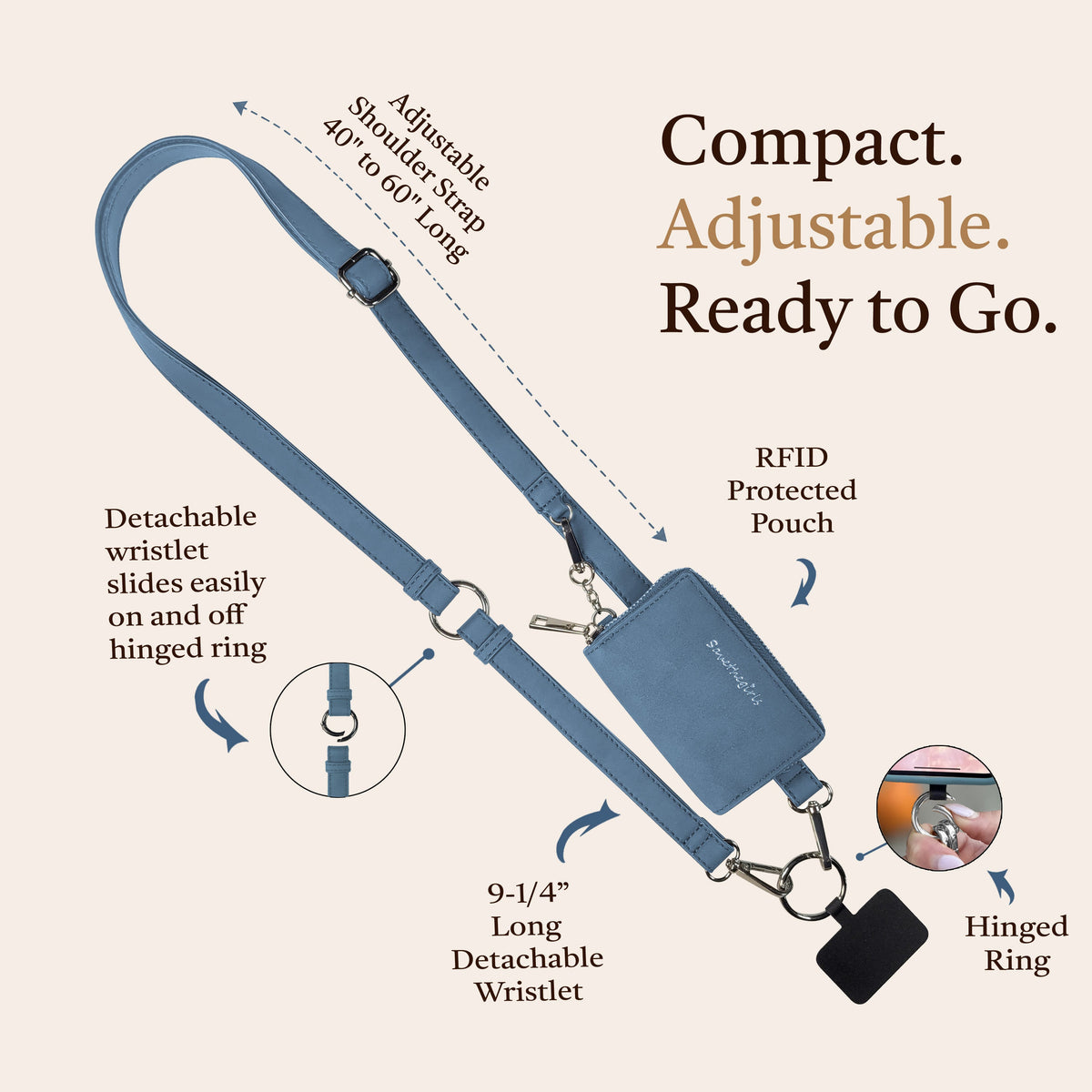 Clip & Go Phone Strap with Pouch – Brushed Vegan Leather