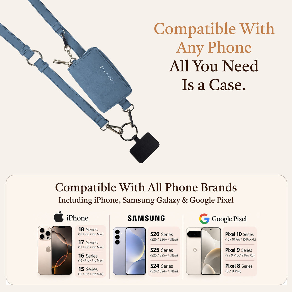 Clip & Go Phone Strap with Pouch – Brushed Vegan Leather