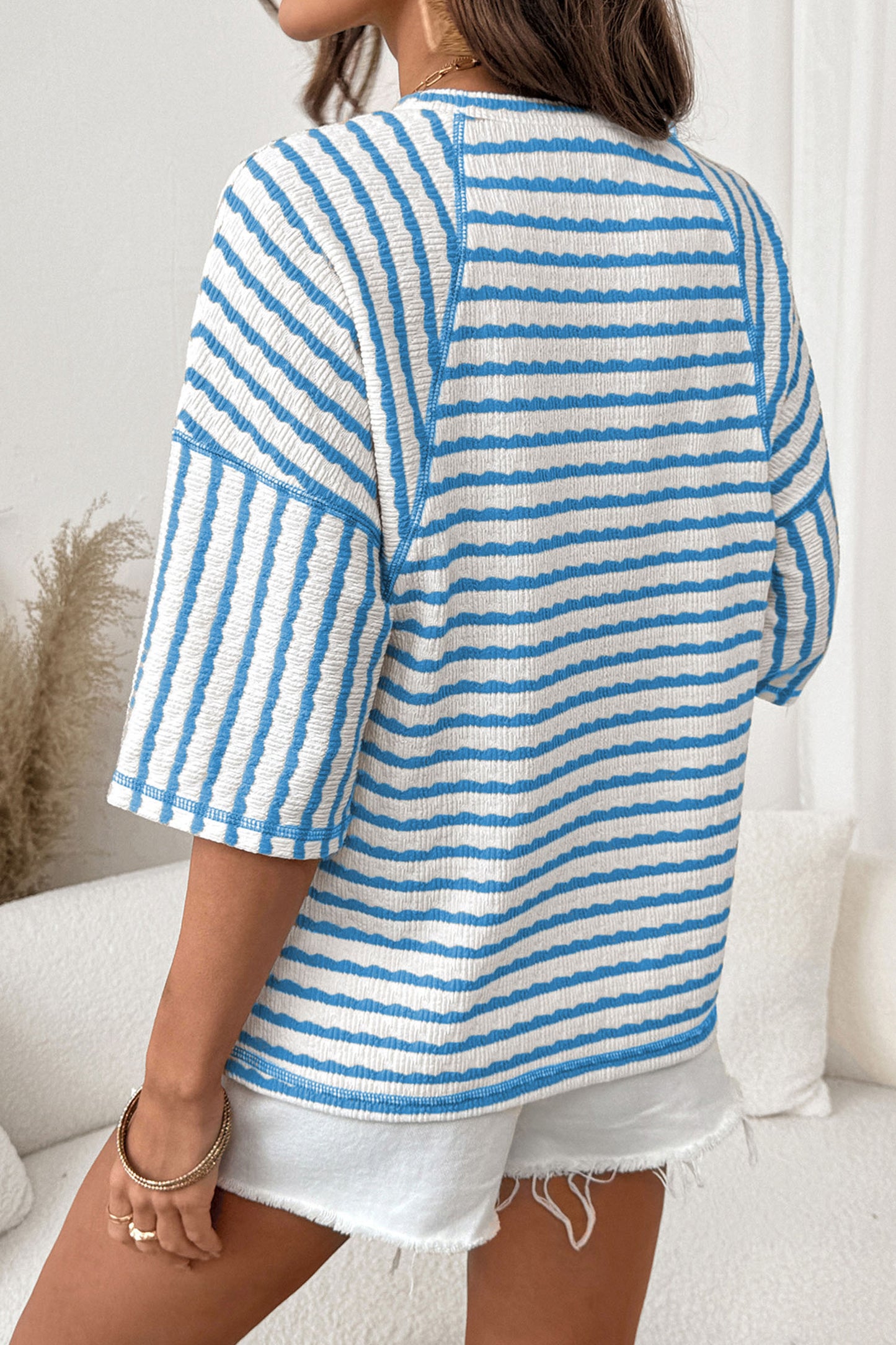 Brown Stripe Textured Knit Split Hem Top