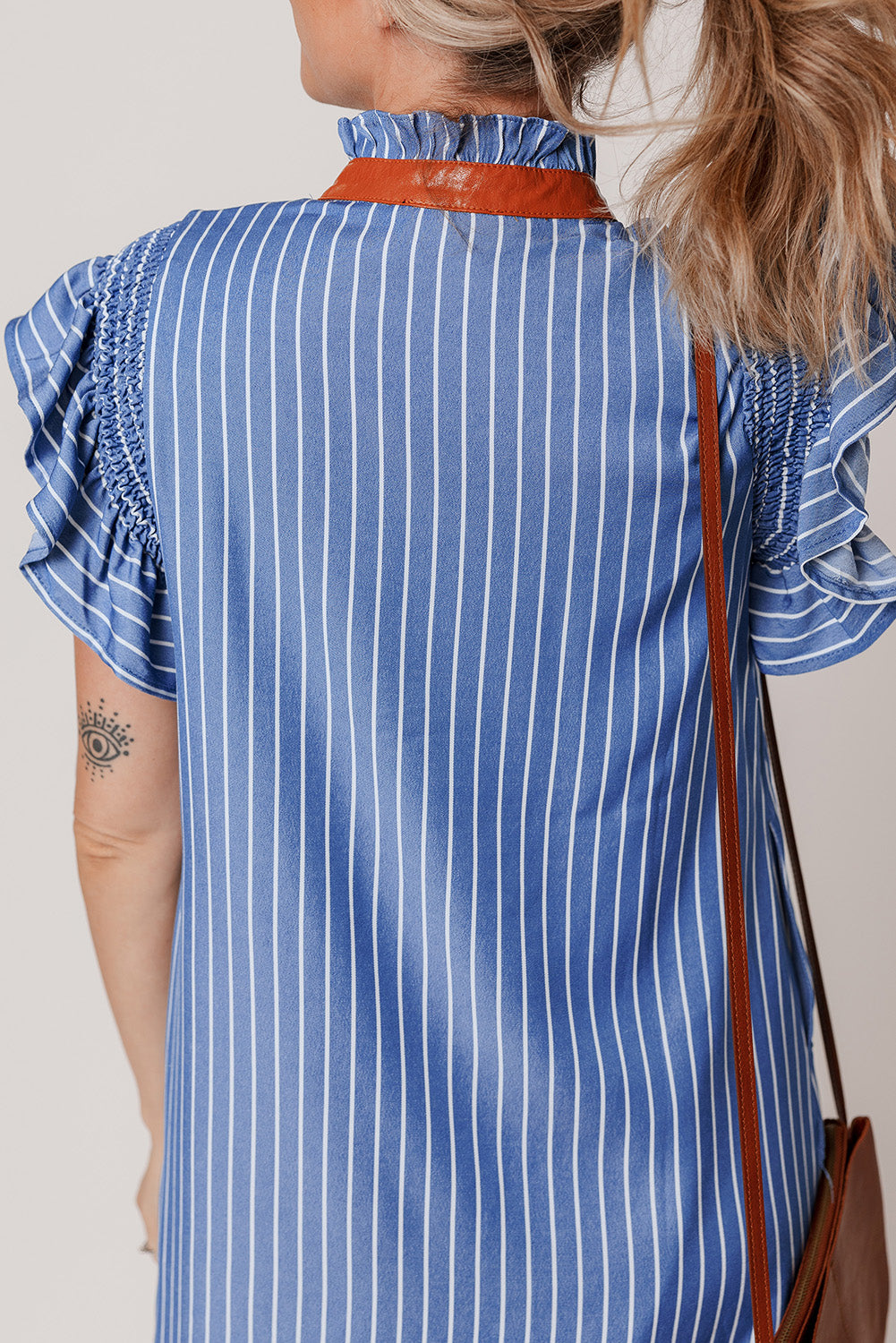 Sky Blue Stripe Ruffle Sleeve Dress