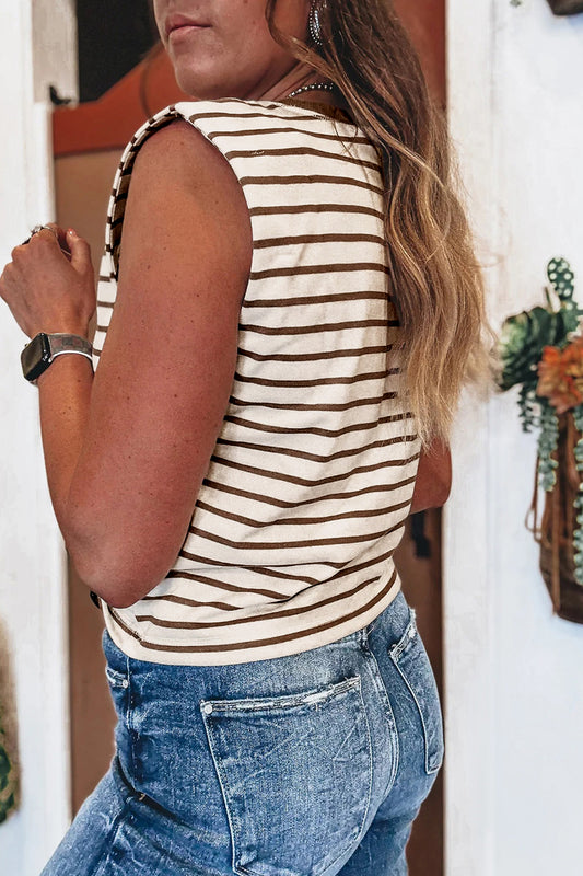 Stripe Ribbed Round Neck Trim Loose Tank Top
