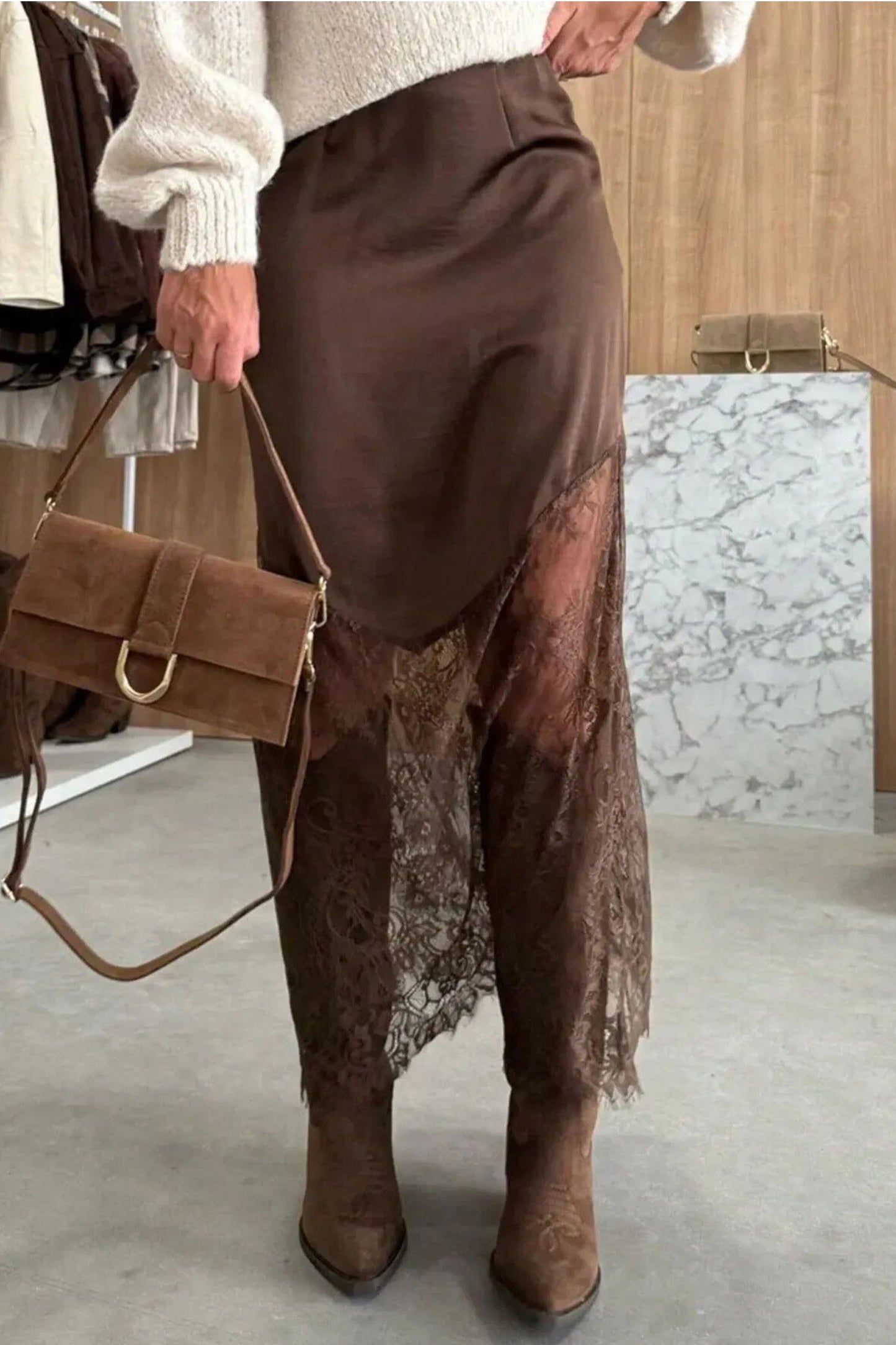 Dark Brown Lace Hem Maxi Skirt