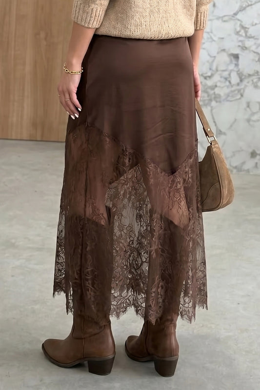 Dark Brown Lace Hem Maxi Skirt