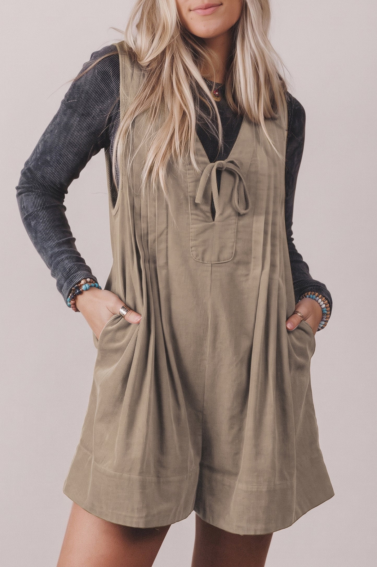 Corduroy Tie Neck Romper