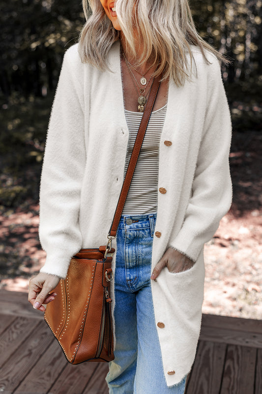White Fuzzy Button-Front Midi Cardigan