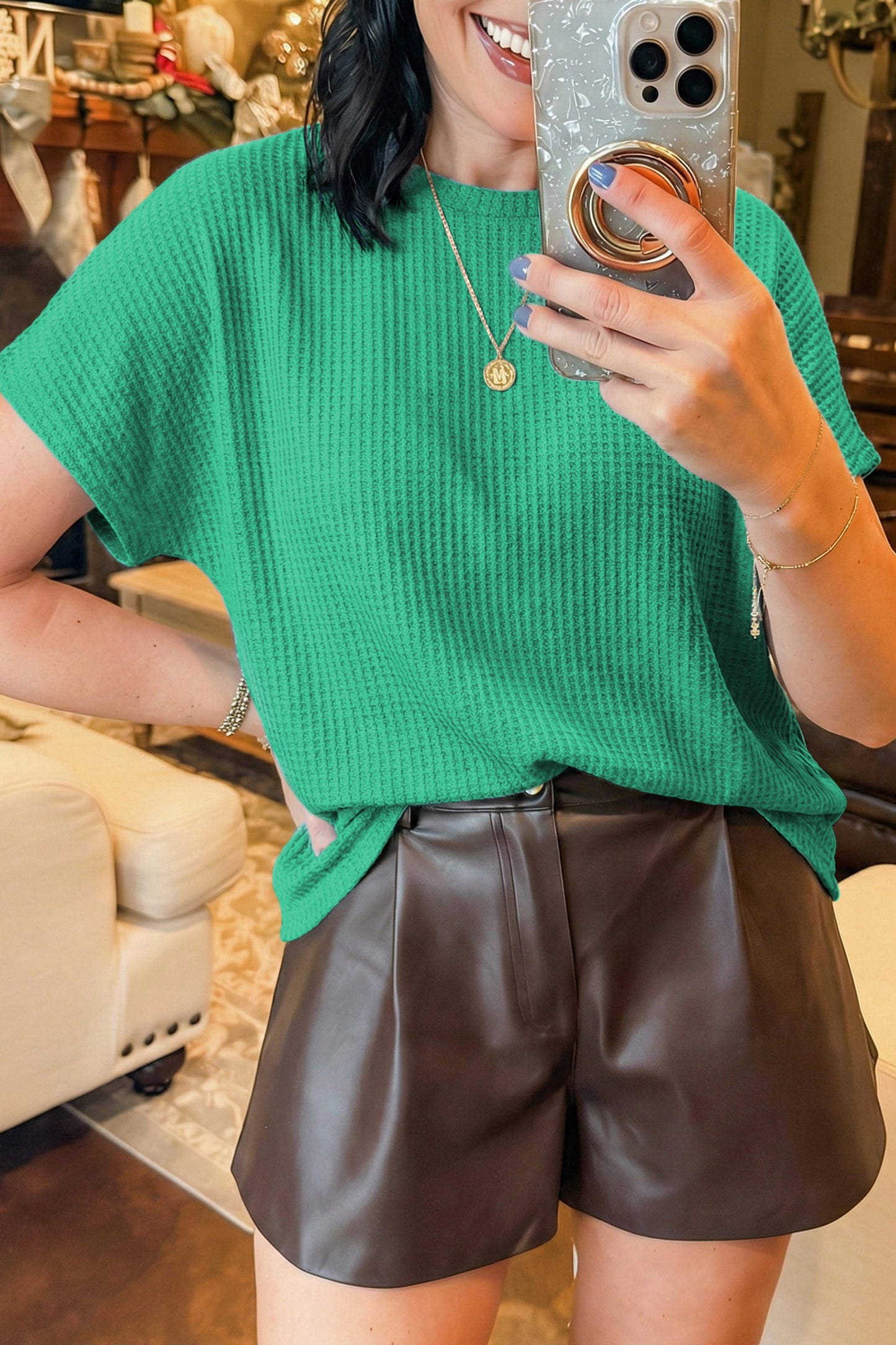 Short Sleeve Waffle Knit Oversized Casual Top