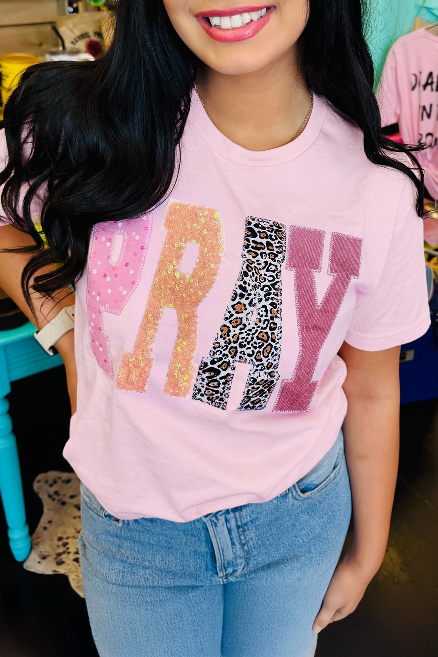 PRAY Sequin Leopard Patch Graphic Tee