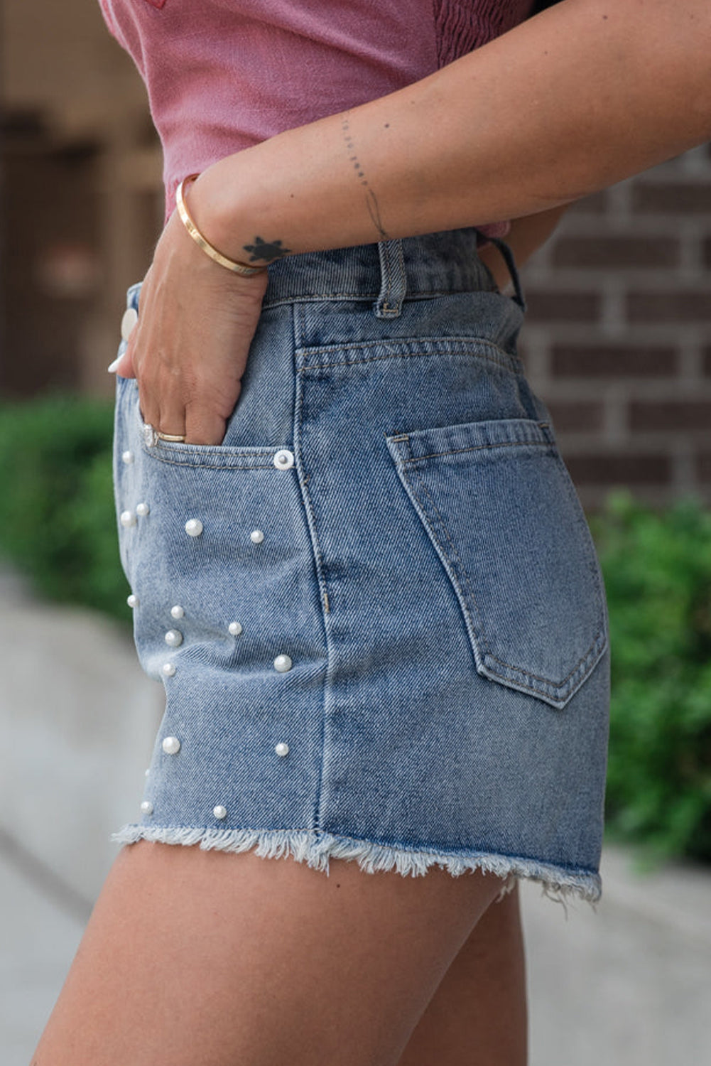 Pearl Embellished Raw Hem Denim Shorts