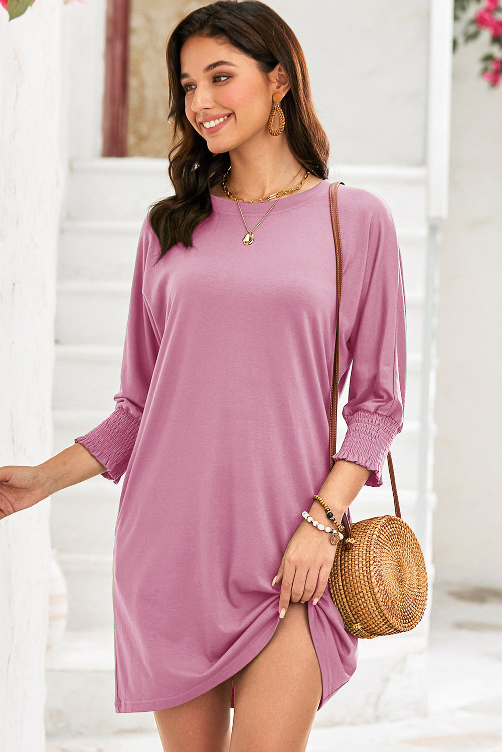 Pink Shirred Cuff T-Shirt Dress