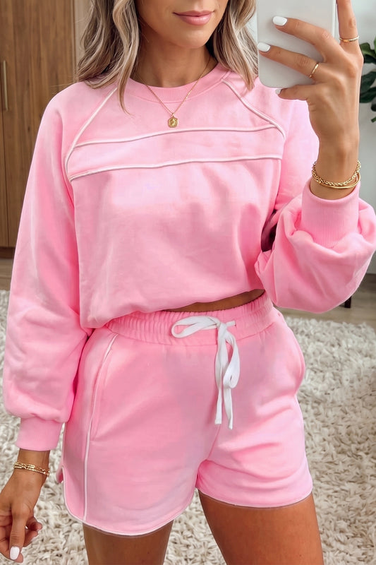 Pink Piping-Trim Pullover & Shorts Set