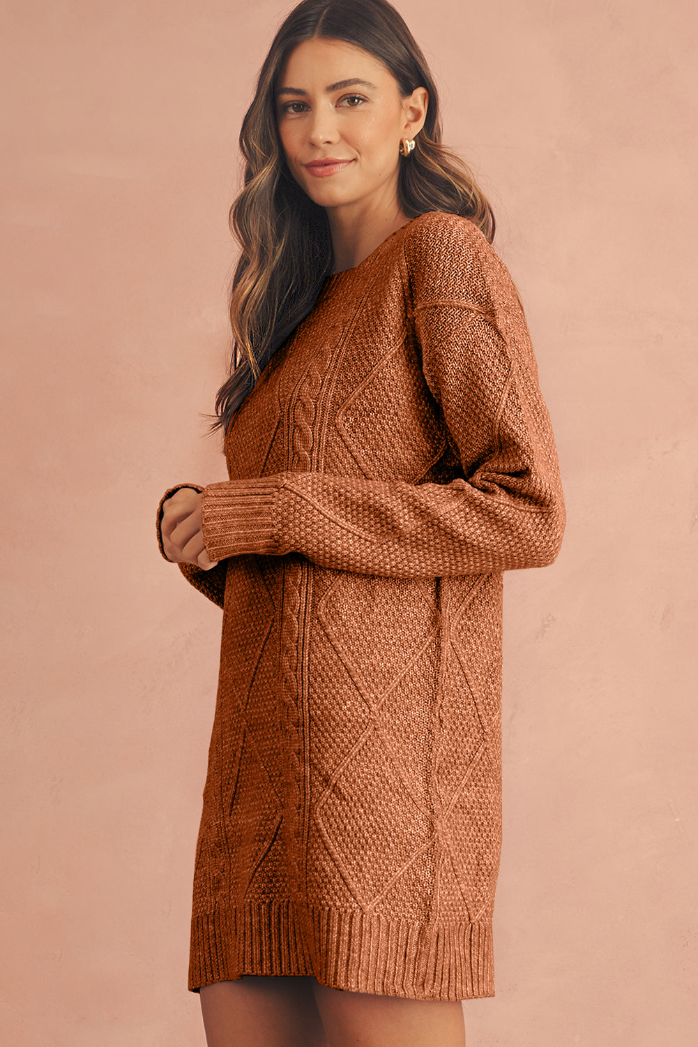 Cable Knit Drop-Shoulder Sweater Dress