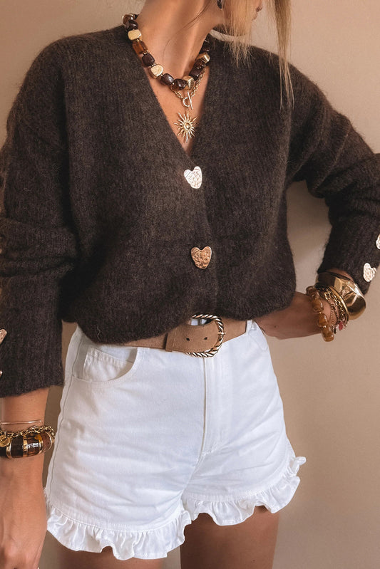 Chicory Coffee Heart Button V-Neck Knit Cardigan
