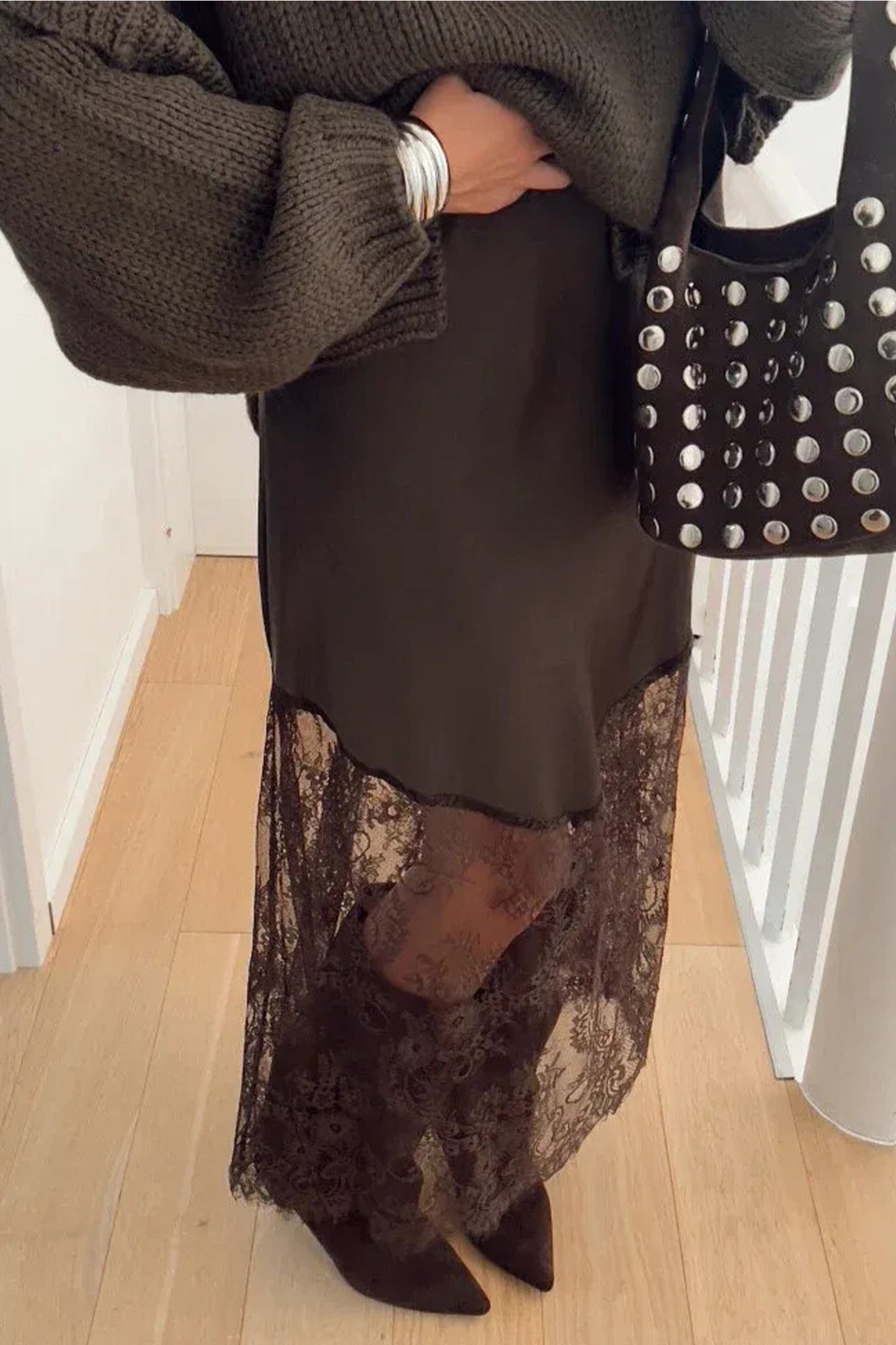 Dark Brown Lace Hem Maxi Skirt