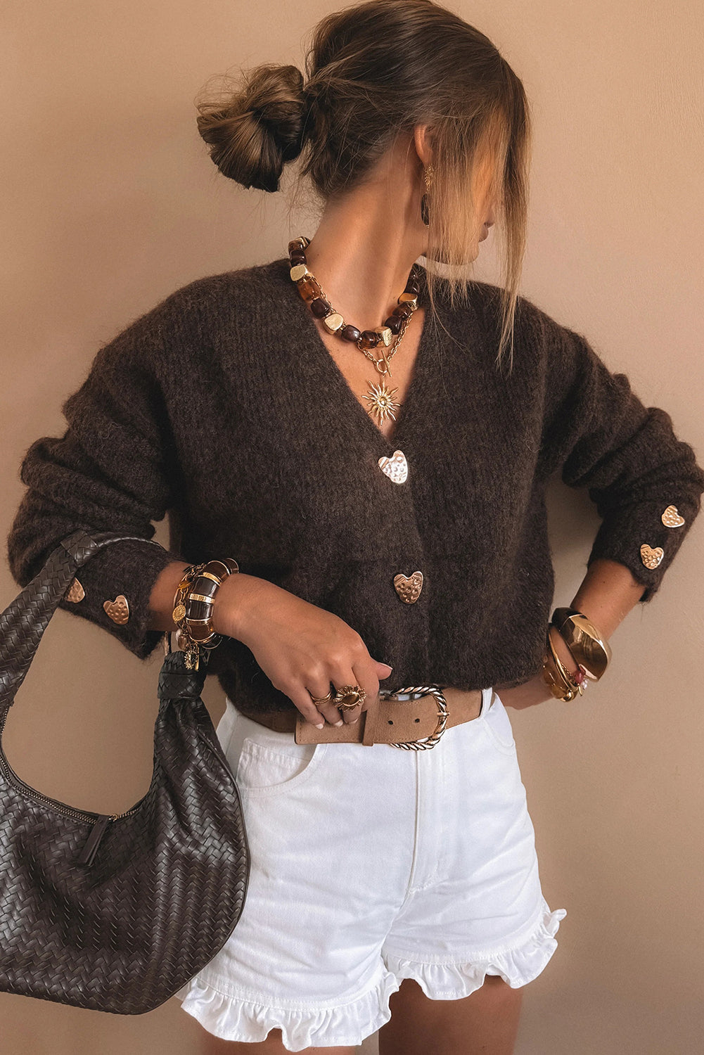 Chicory Coffee Heart Button V-Neck Knit Cardigan