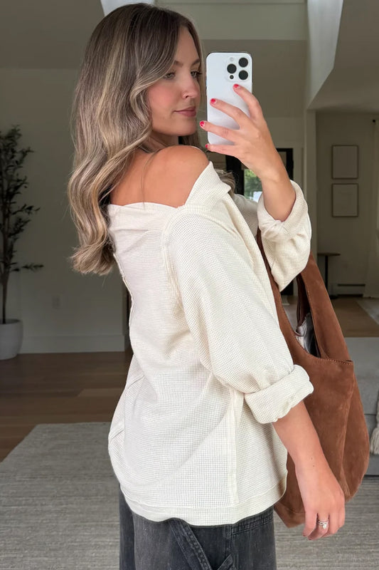 Asymmetric Neck Waffle Knit Top