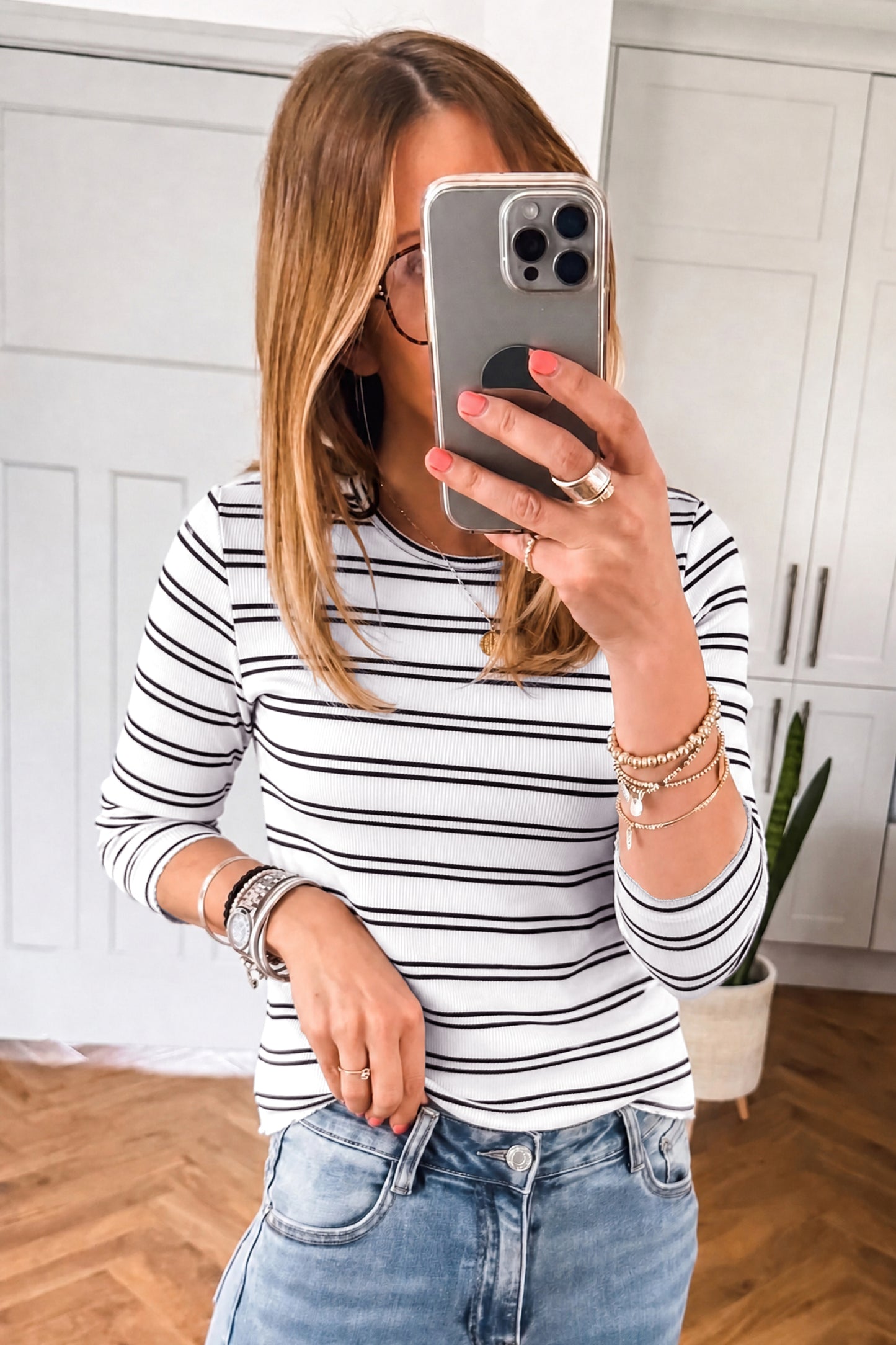 Beige Ribbed Stripe Long Sleeve Top