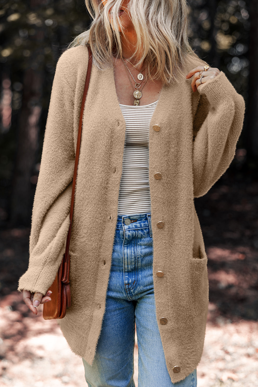White Fuzzy Button-Front Midi Cardigan