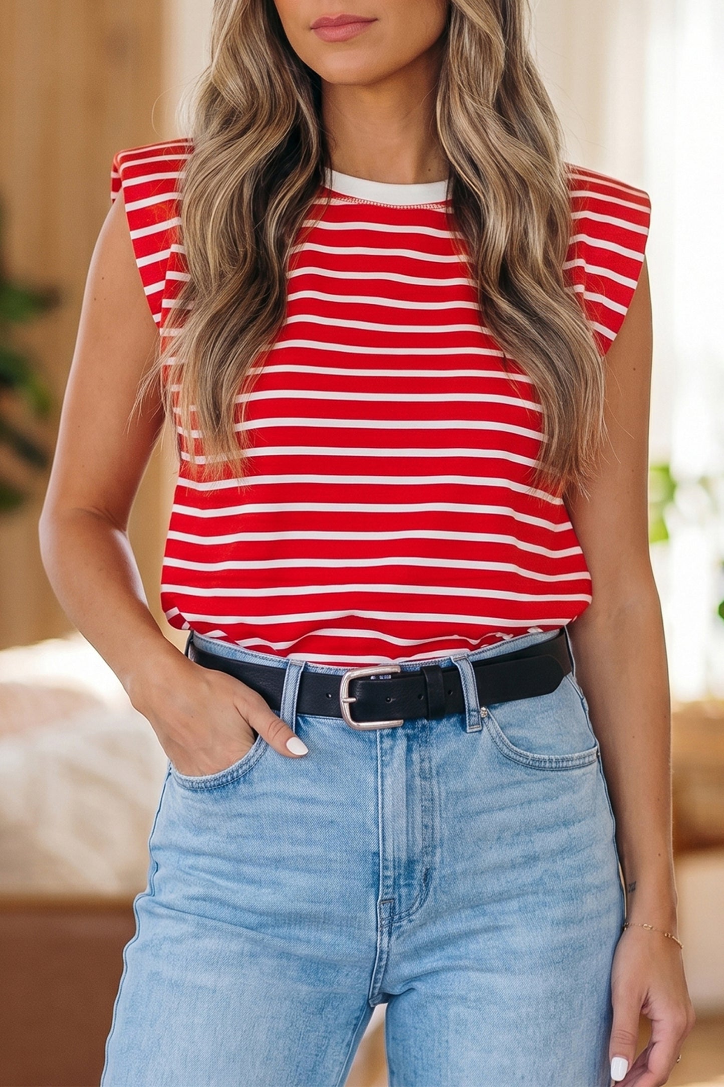 Stripe Ribbed Round Neck Trim Loose Tank Top