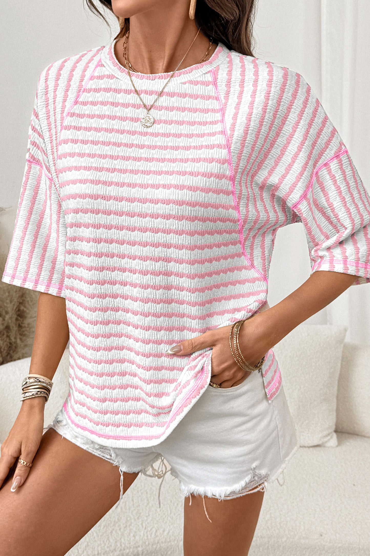 Brown Stripe Textured Knit Split Hem Top