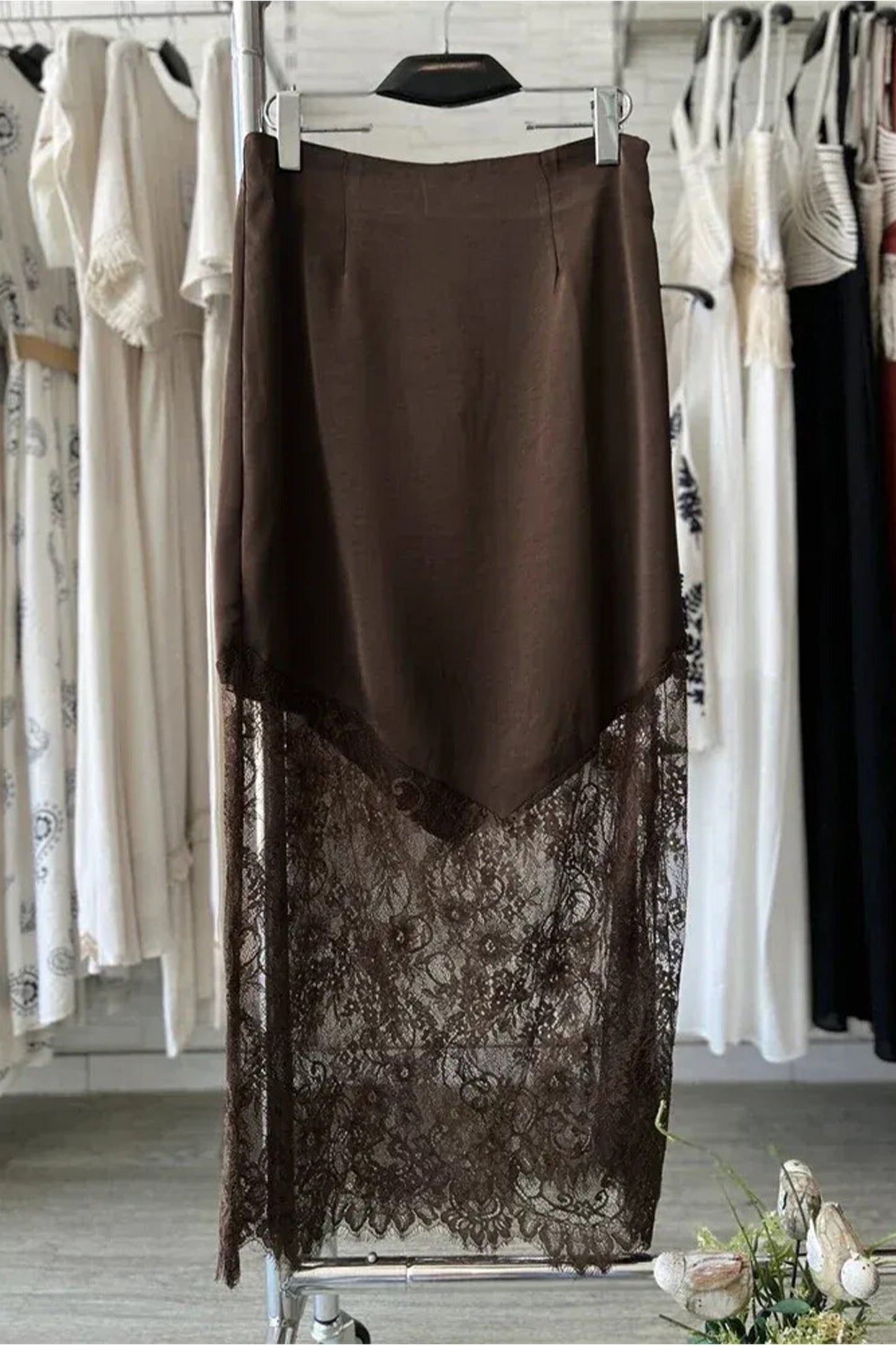 Dark Brown Lace Hem Maxi Skirt