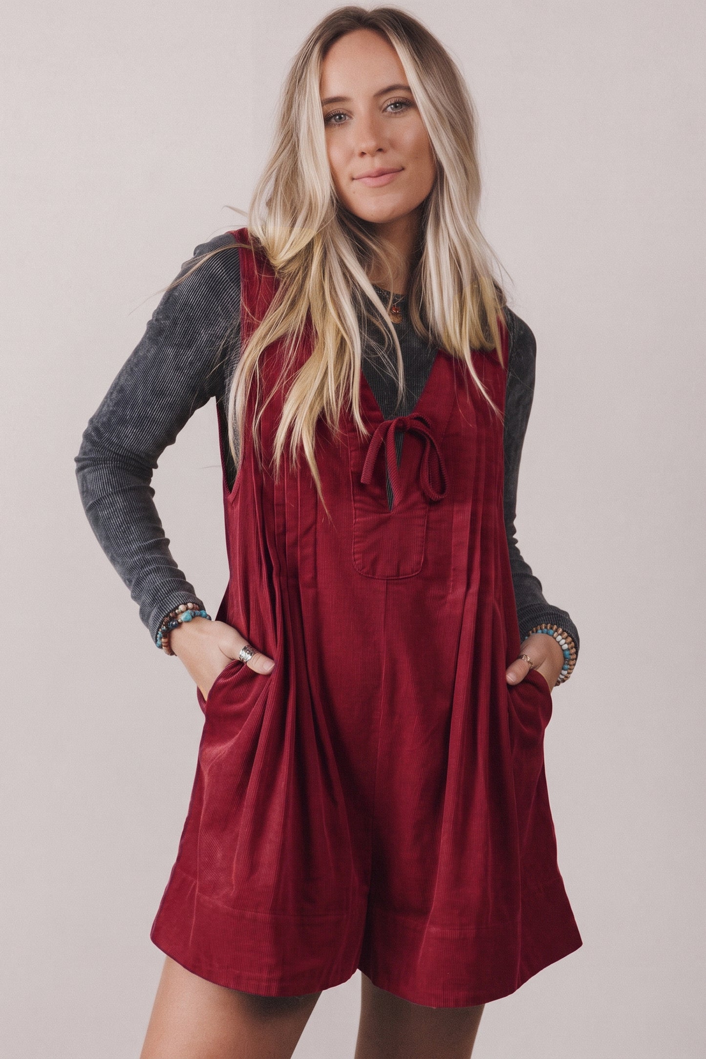 Corduroy Tie Neck Romper