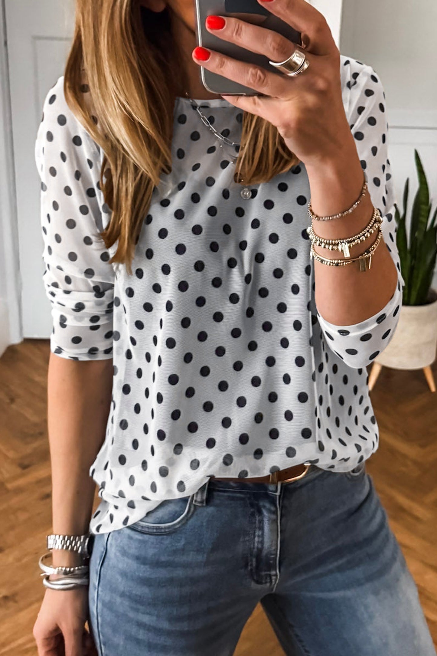 Black Polka Dot Mesh Long Sleeve Top