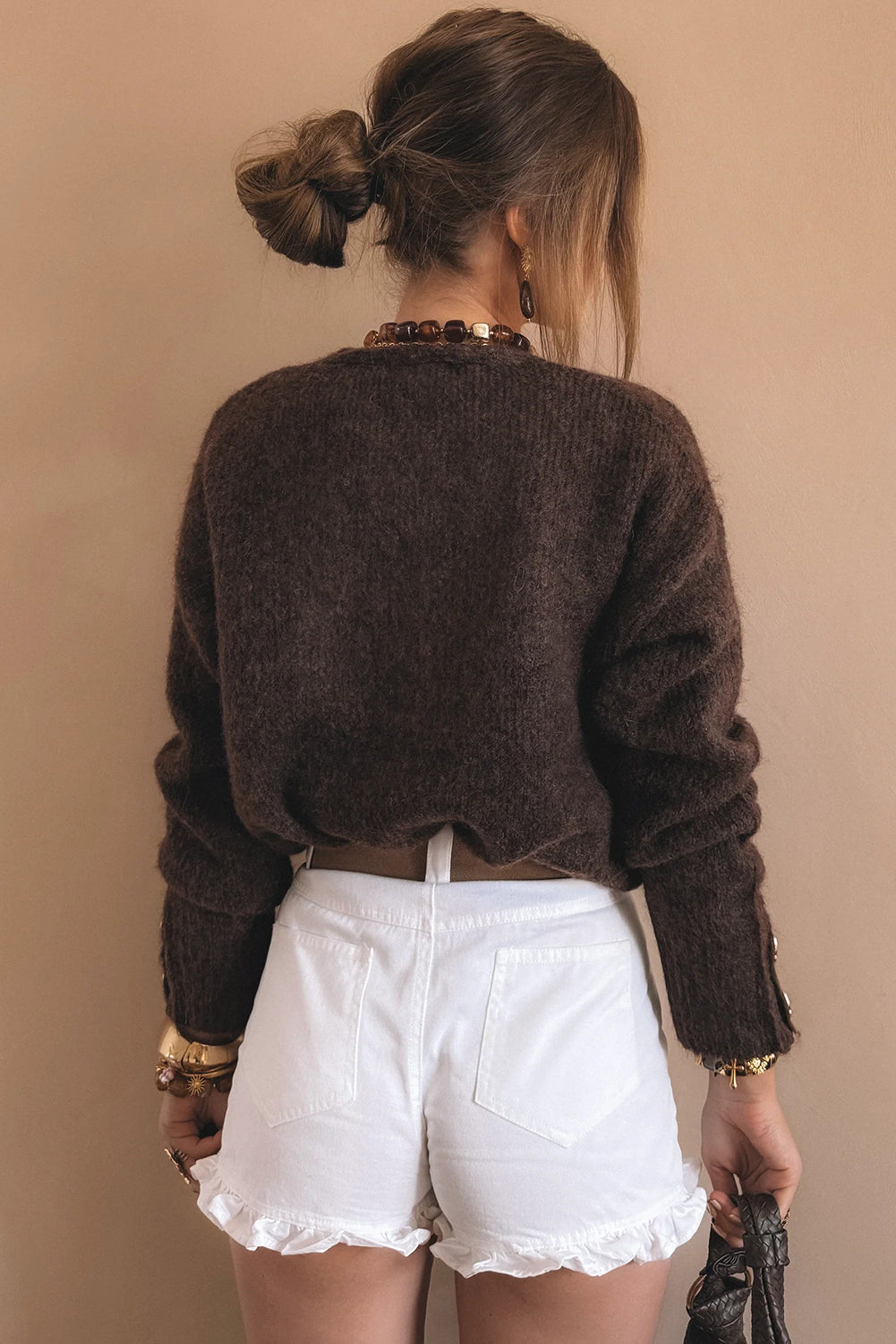Chicory Coffee Heart Button V-Neck Knit Cardigan