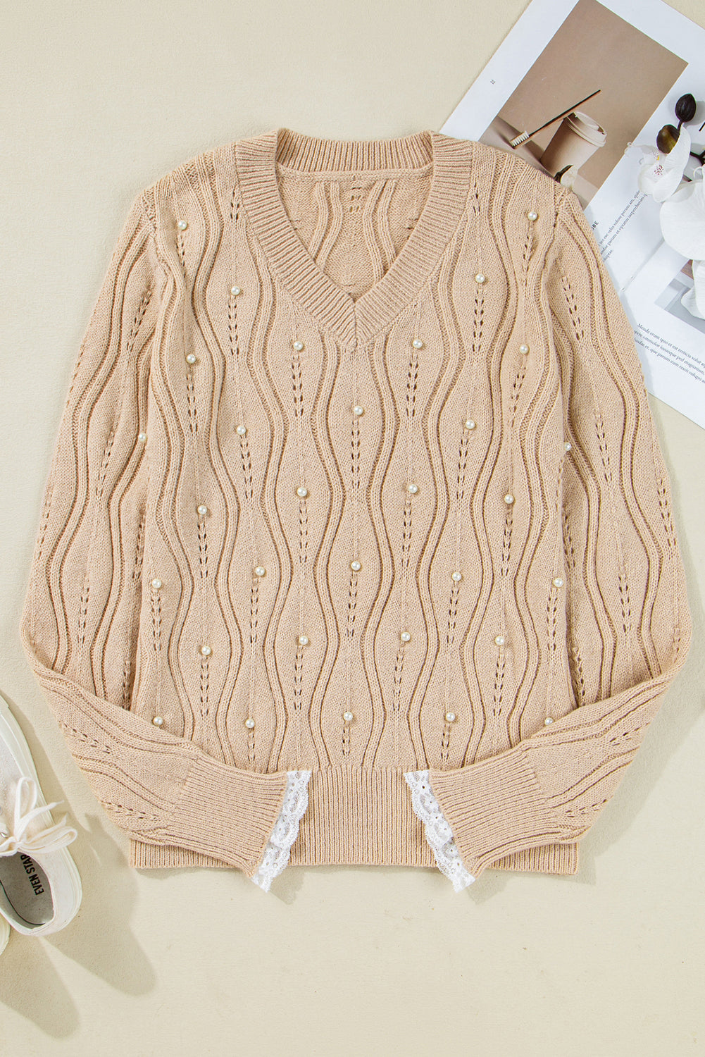 Smoke Gray Pearl Lace Pointelle Sweater