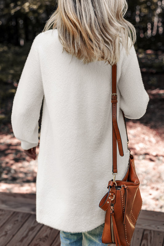 White Fuzzy Button-Front Midi Cardigan
