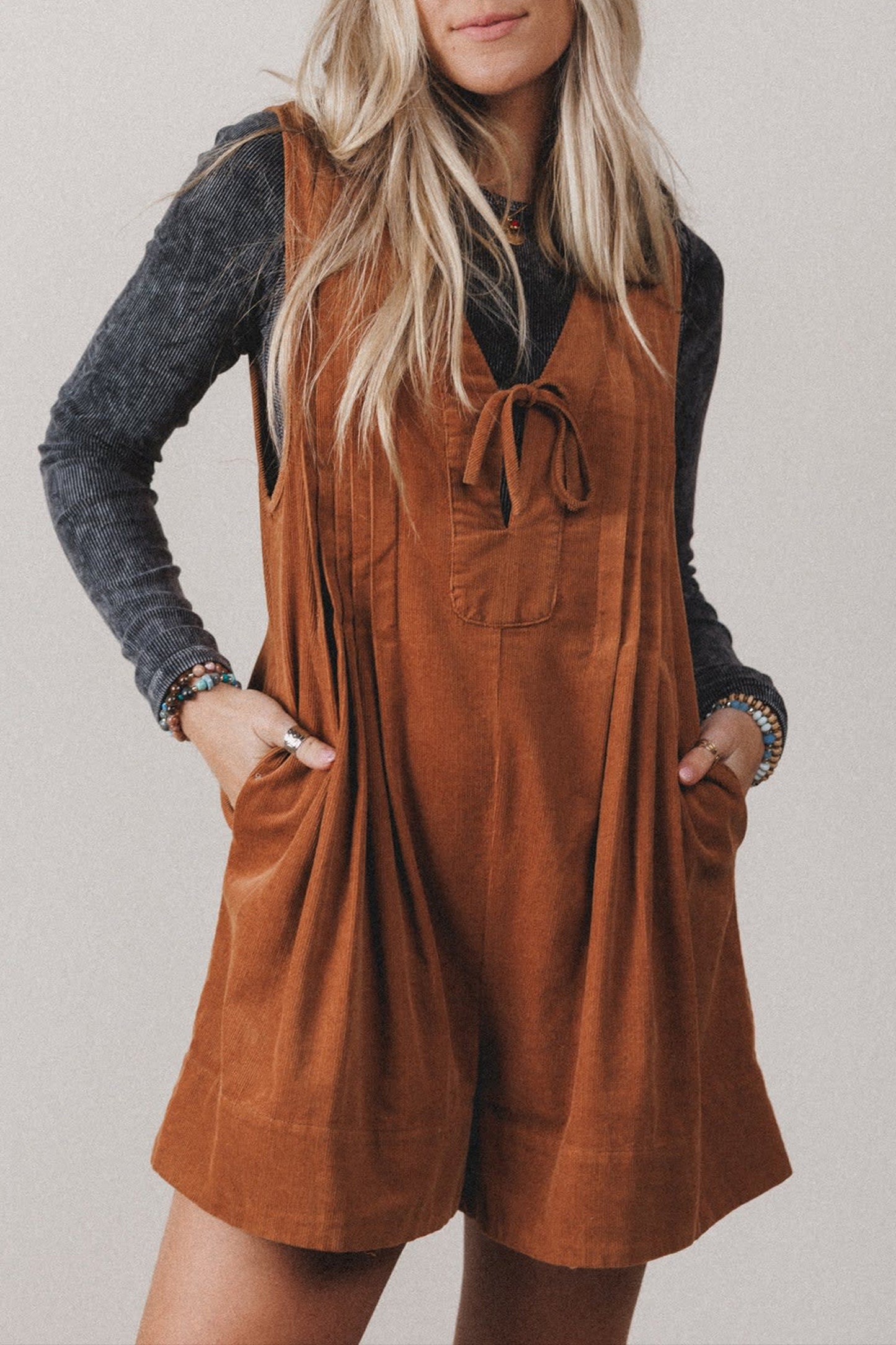 Corduroy Tie Neck Romper