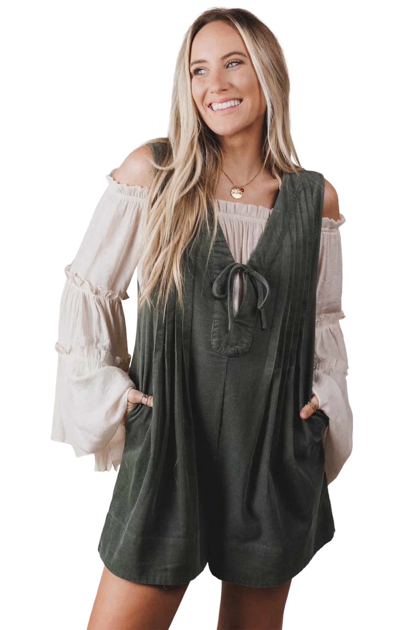 Corduroy Tie Neck Romper