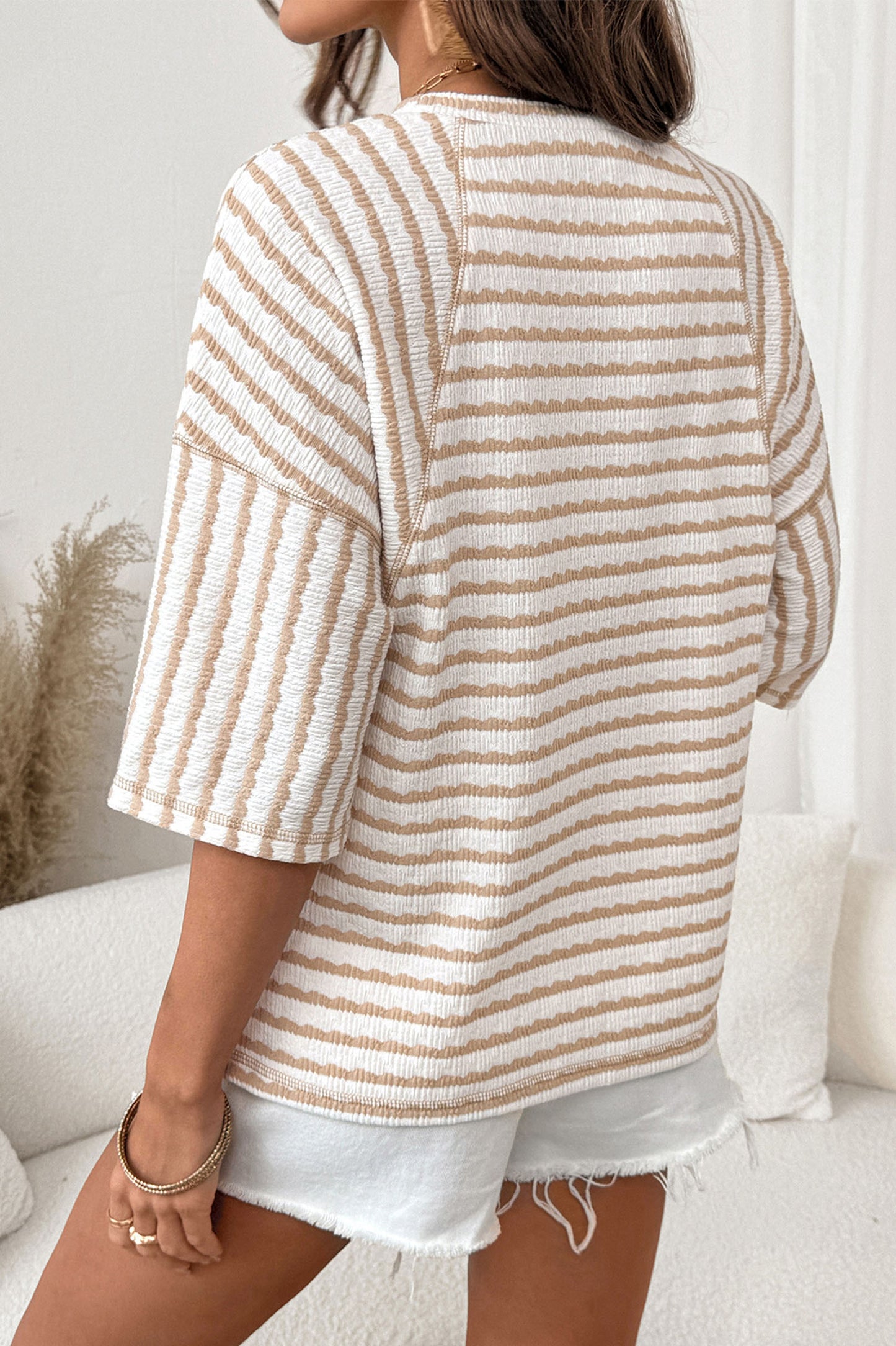 Brown Stripe Textured Knit Split Hem Top