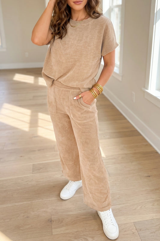 Light French Beige Ribbed Top & Wide-Leg Pants Set