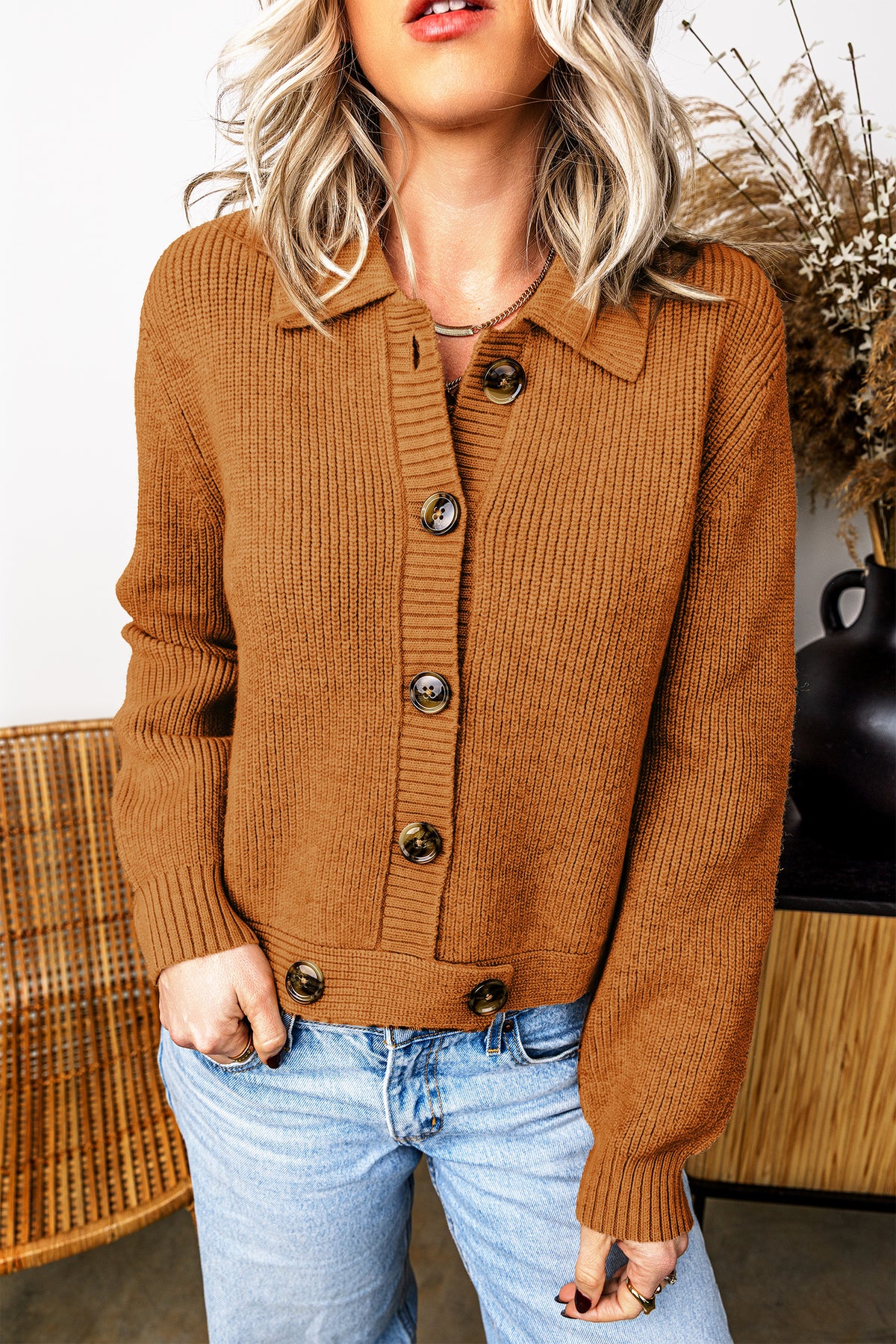 Mustard Ribbed Knit Collared Cardigan
