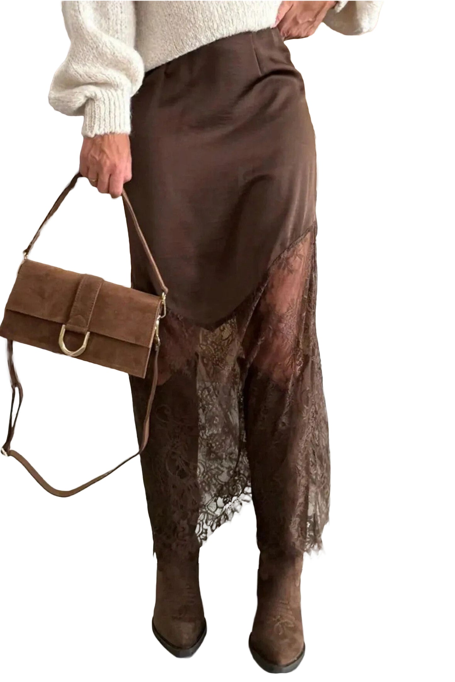 Dark Brown Lace Hem Maxi Skirt