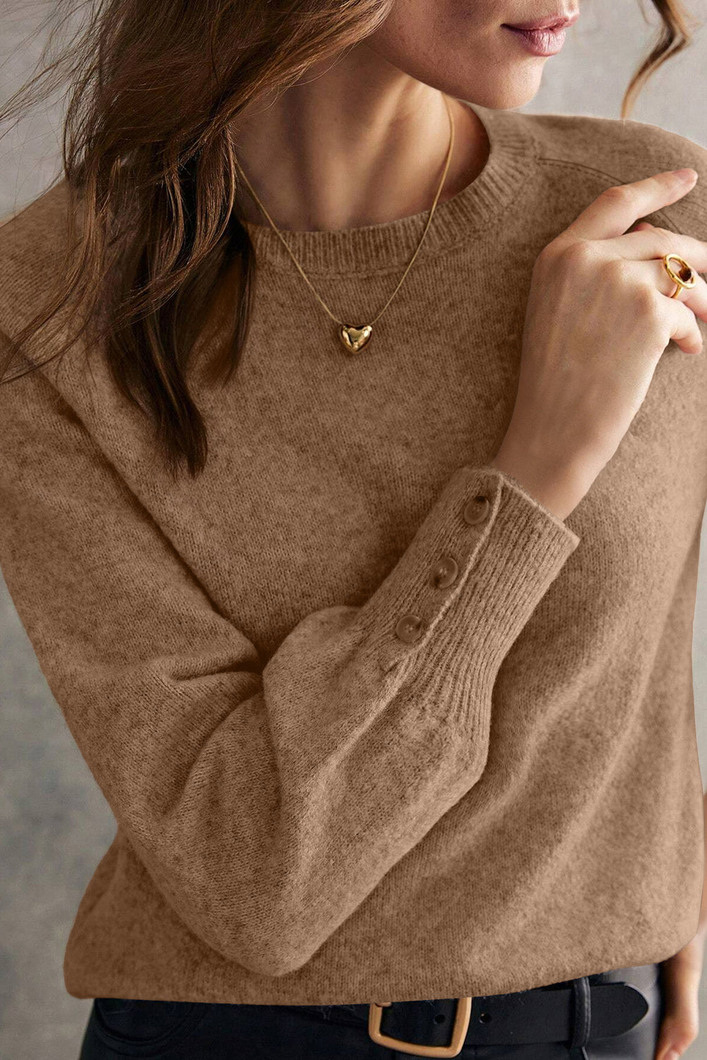 Button-Cuff Raglan Sleeve Knit Sweater