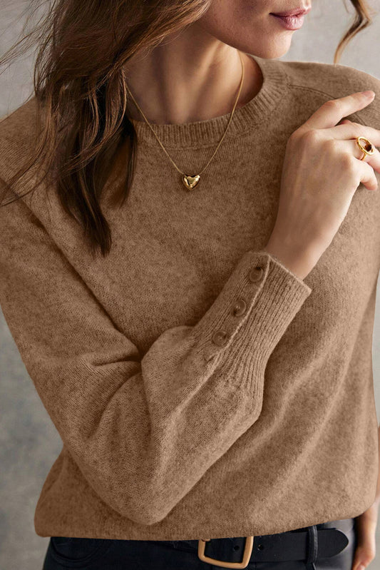 Button-Cuff Raglan Sleeve Knit Sweater